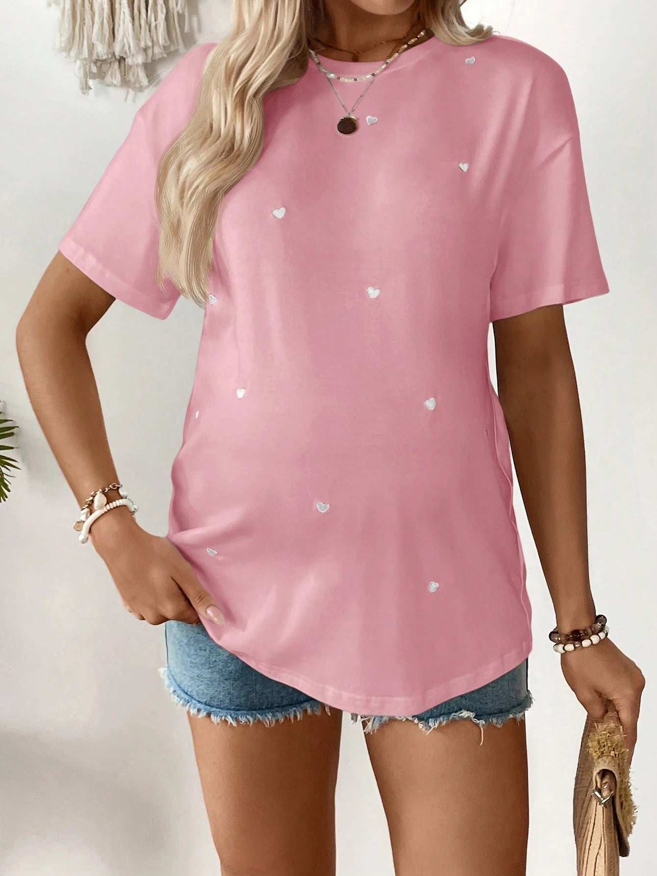 تي شيرت كاجوال بأكمام قصيرة رقبة دائرية فضفاض للحوامل به طبعة قلب - Pink&blue