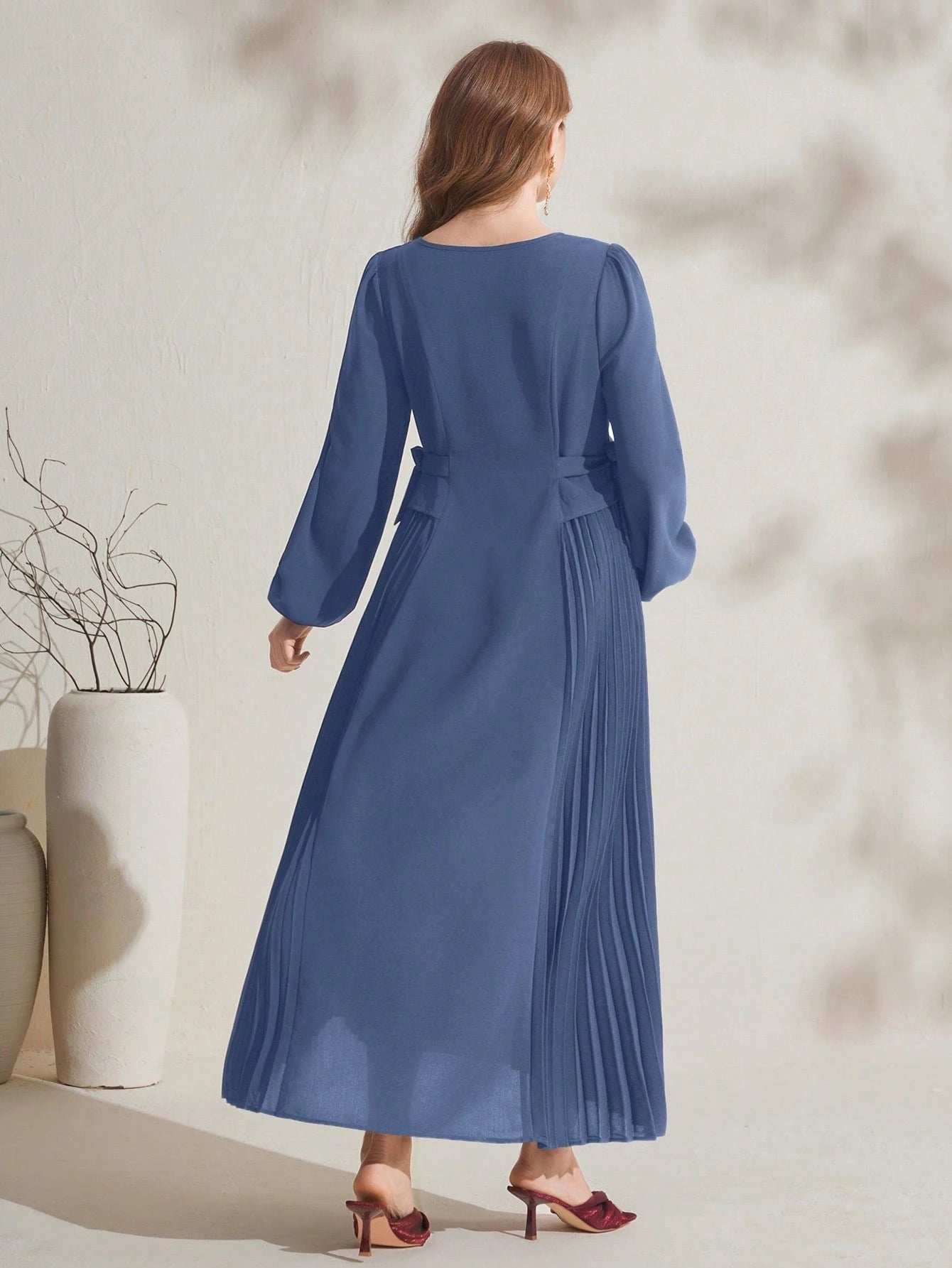 فستان حمل كاجوال أحمر مبسط مزين بكشكشة علي الأكمام وهامش التنورة - Pink&blue