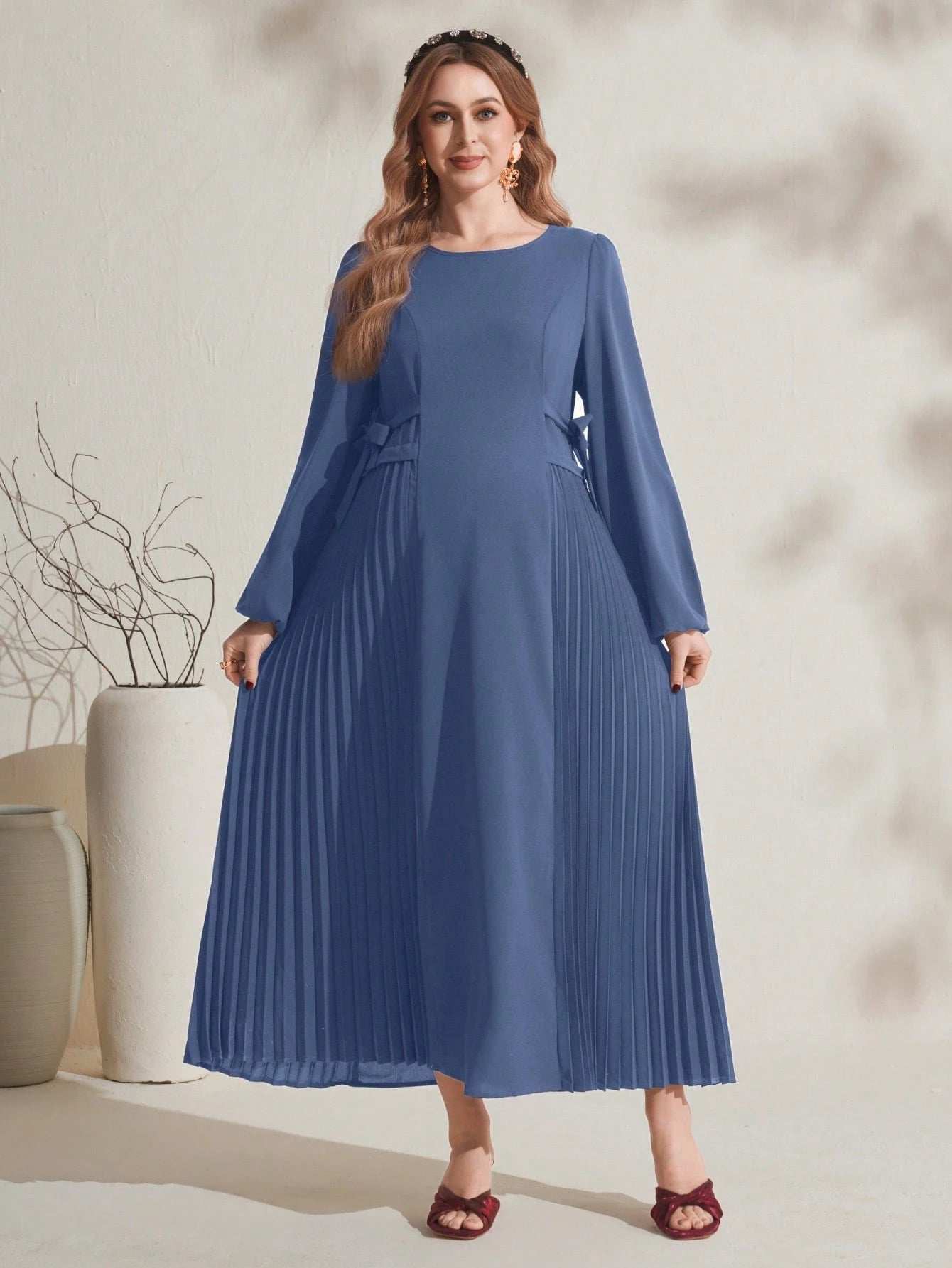 فستان حمل كاجوال أحمر مبسط مزين بكشكشة علي الأكمام وهامش التنورة - Pink&blue