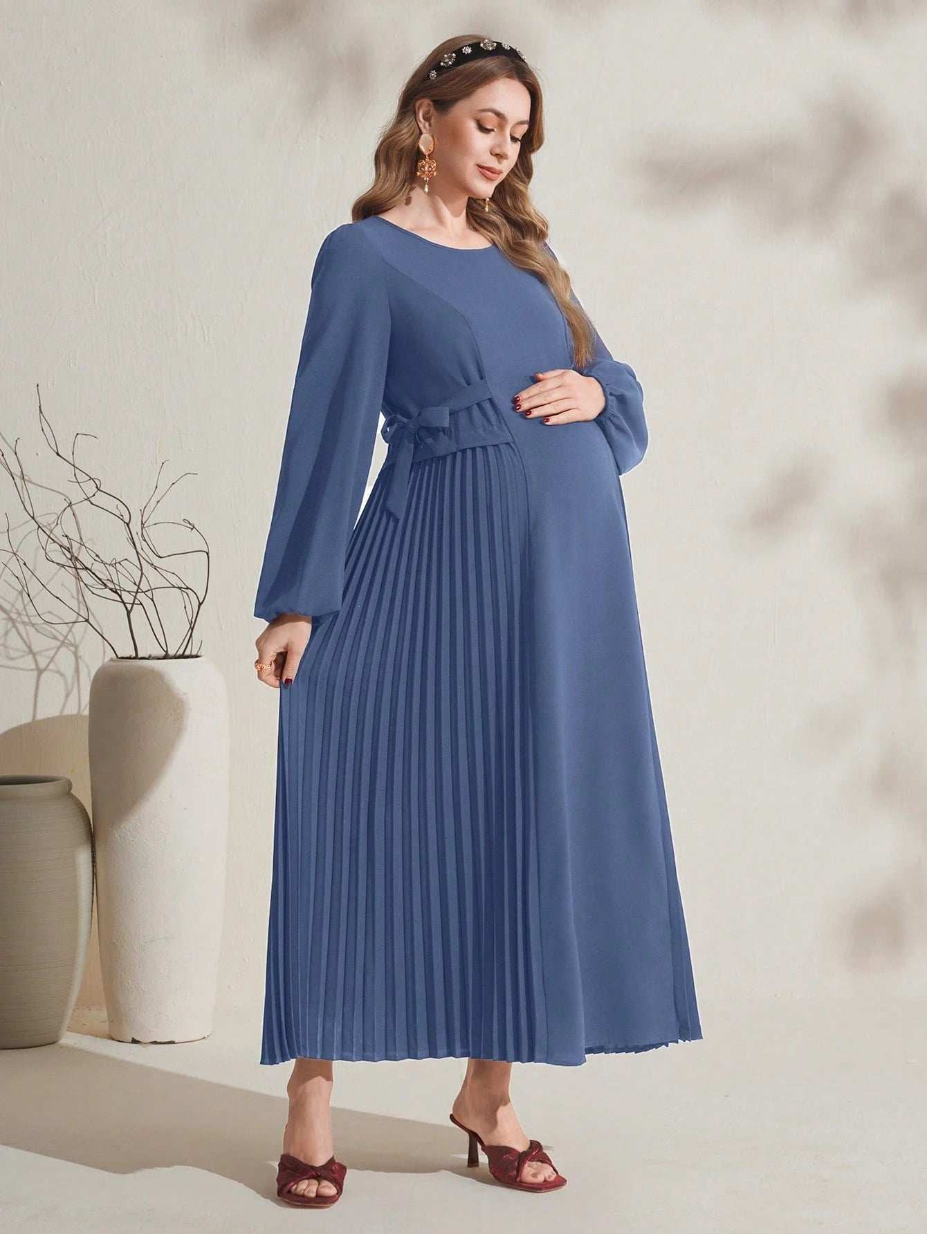 فستان حمل كاجوال أحمر مبسط مزين بكشكشة علي الأكمام وهامش التنورة - Pink&blue