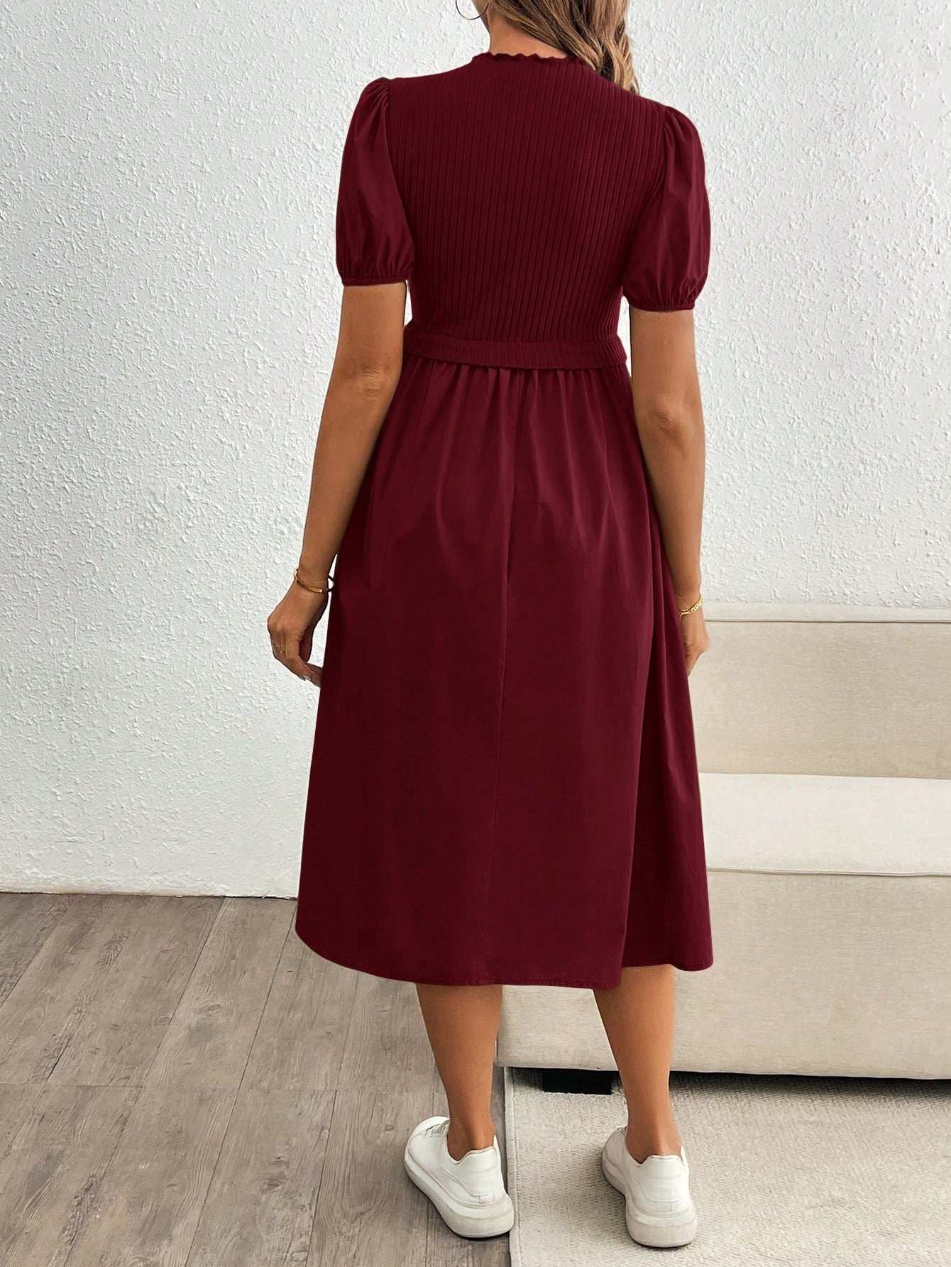 فستان طويل بأكمام منتفخة ولون أساسي، متماسك للحوامل، ملائم للصيف - Pink&blue