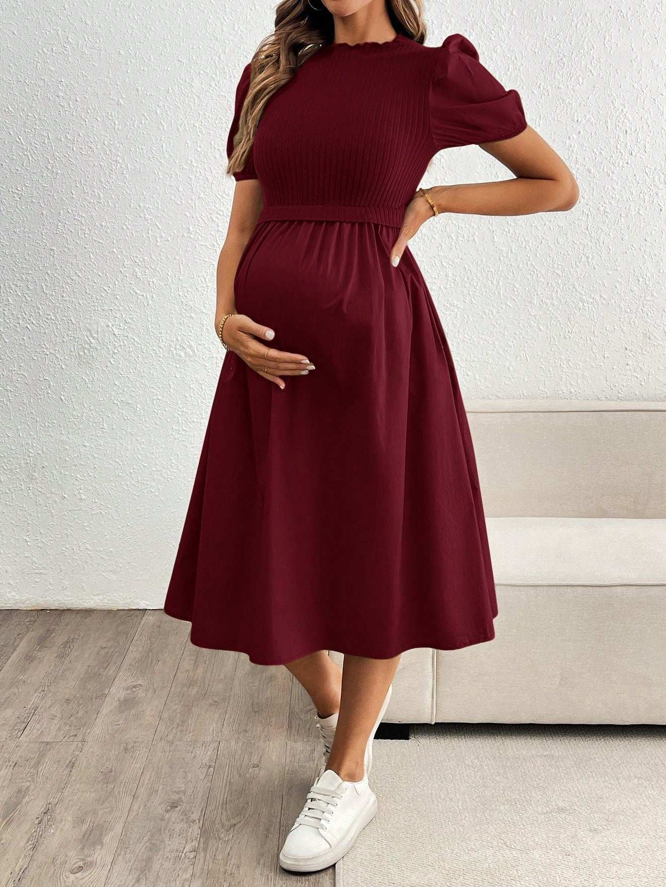 فستان طويل بأكمام منتفخة ولون أساسي، متماسك للحوامل، ملائم للصيف - Pink&blue