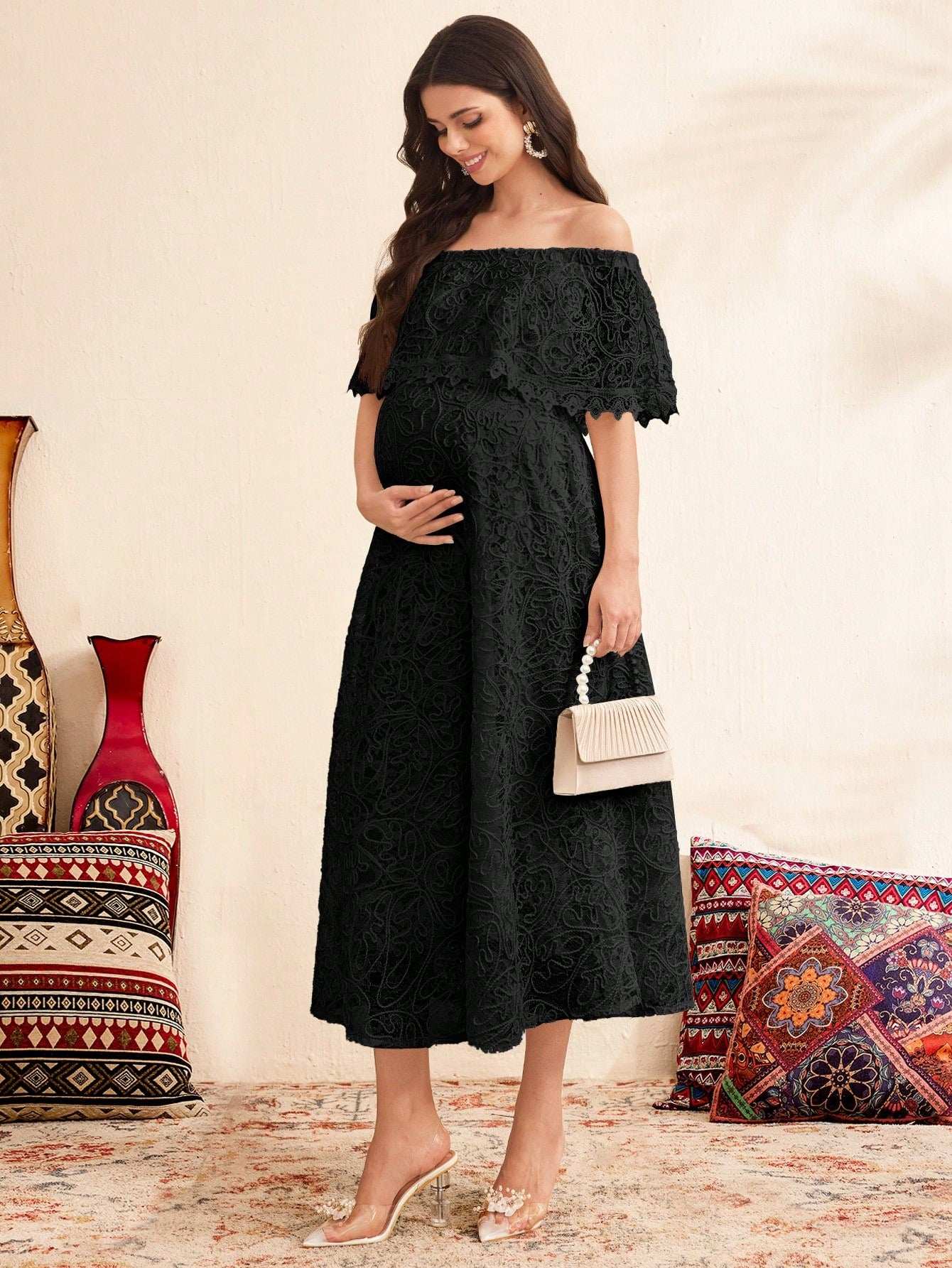 فستان أمومة بسيط للكتف المنحدر، للارتداء اليومي - Pink&blue