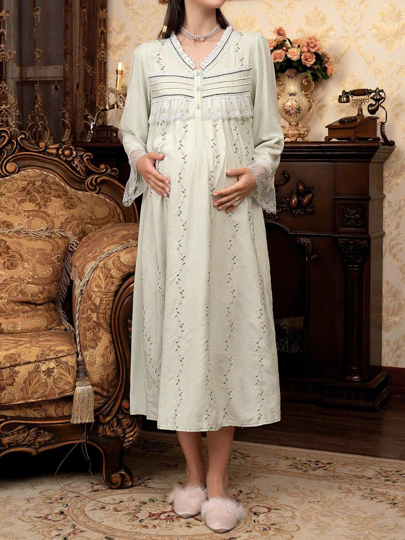 فستان نوم طويل نصف أزرار كبير الحجم مطرز بالشذرات مع ياقة على شكل حرف V للحمل لأوقات الراحة والإجازات - Pink&blue