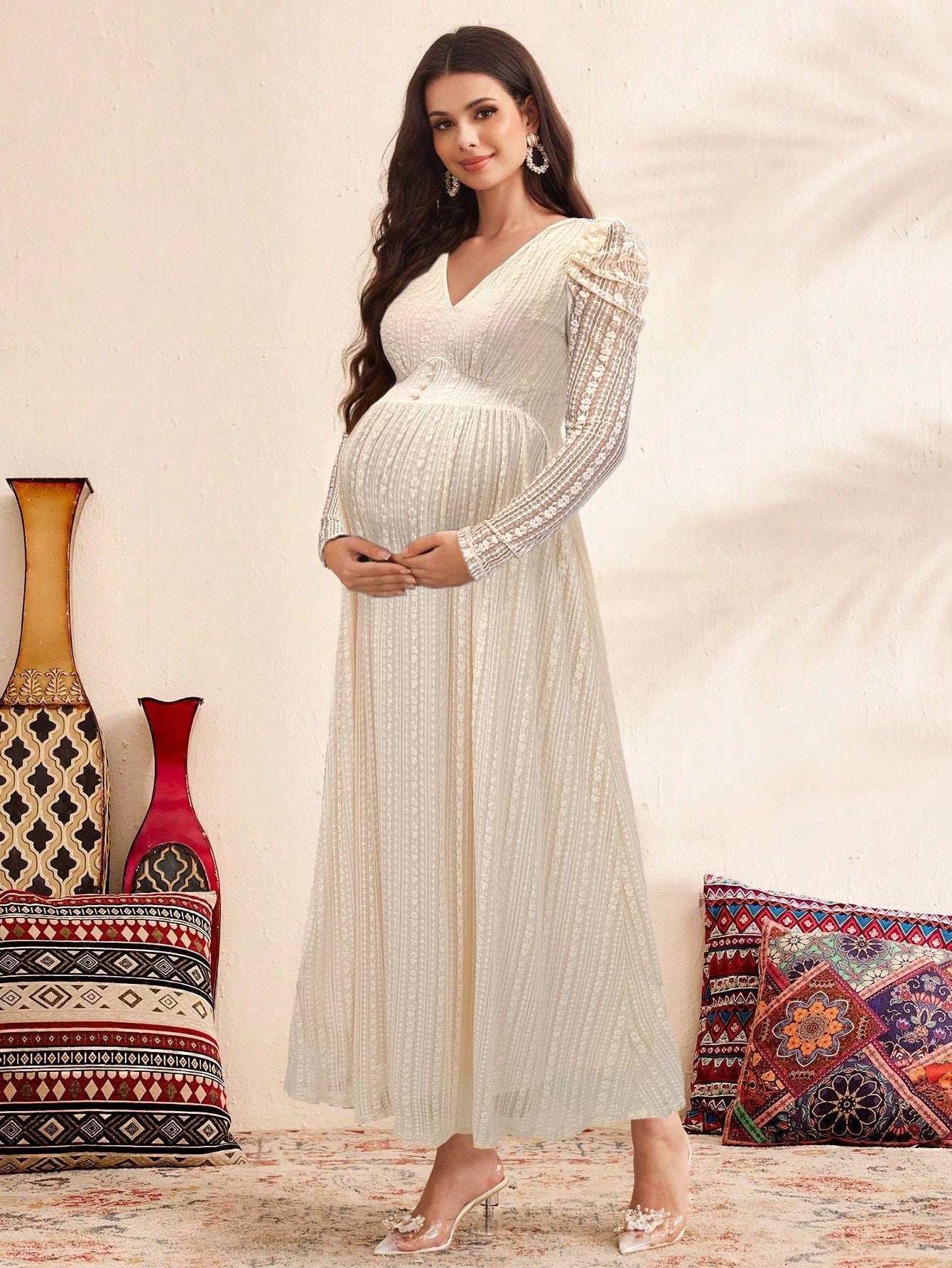 فستان أمومة بأكمام بنفاخة وياقة على شكل حرف V مزينة بالدانتيل، فستان نسائي أزرق، فستان للخريف/الخريف - Pink&blue