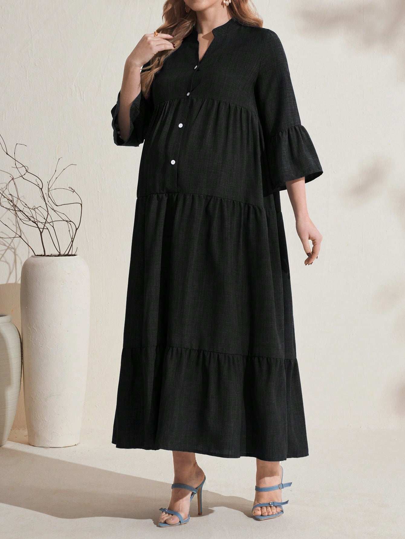 فستان أزرار فضفاض وطويل مخطط للحمل - Pink&blue