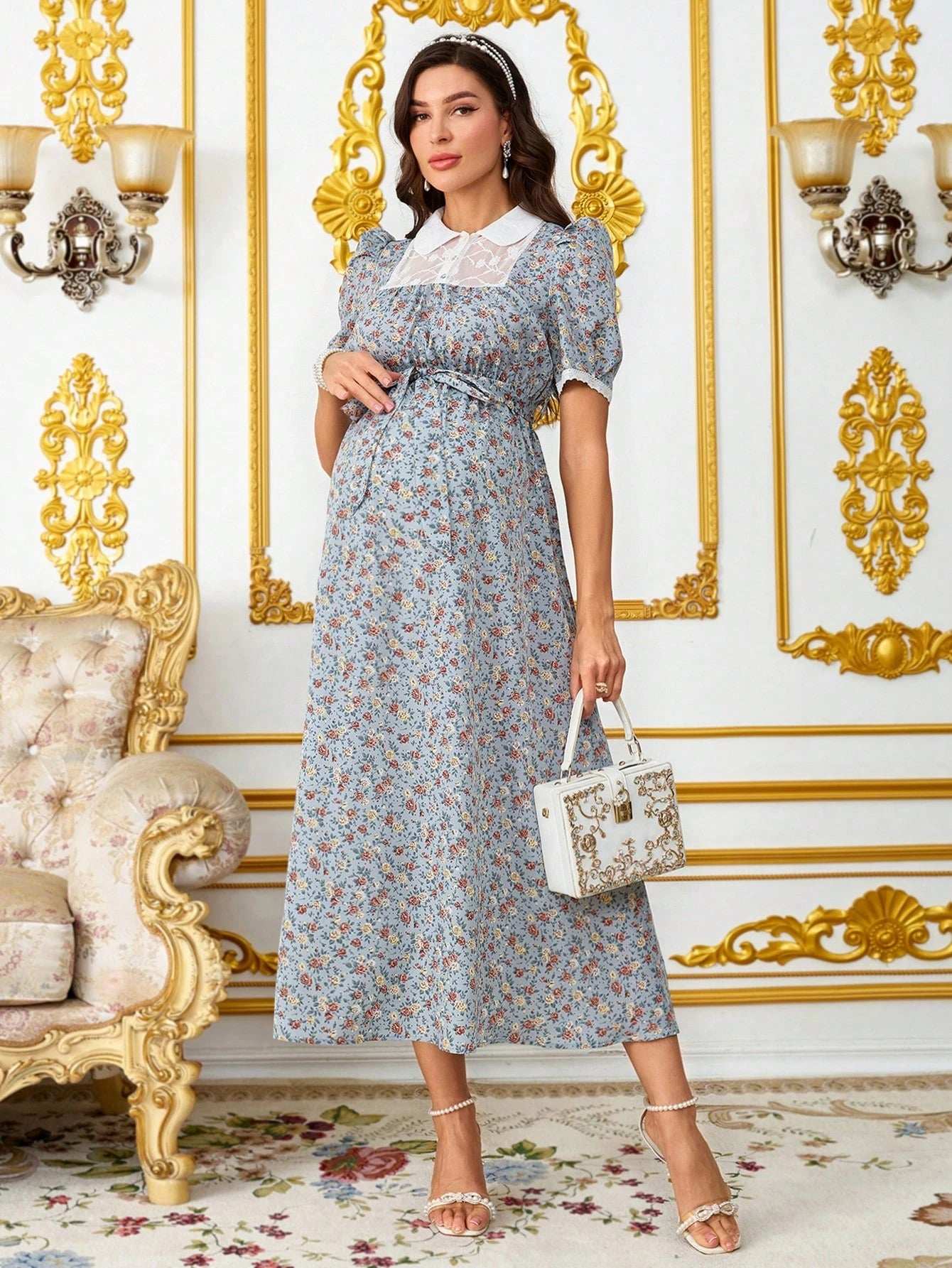 فستان أنيق للنساء الحوامل مع طبعات زهرية صغيرة، لمسات من الدانتيل، فستان صيفي أنيق وواسع للنساء في فترة الحمل - Pink&blue