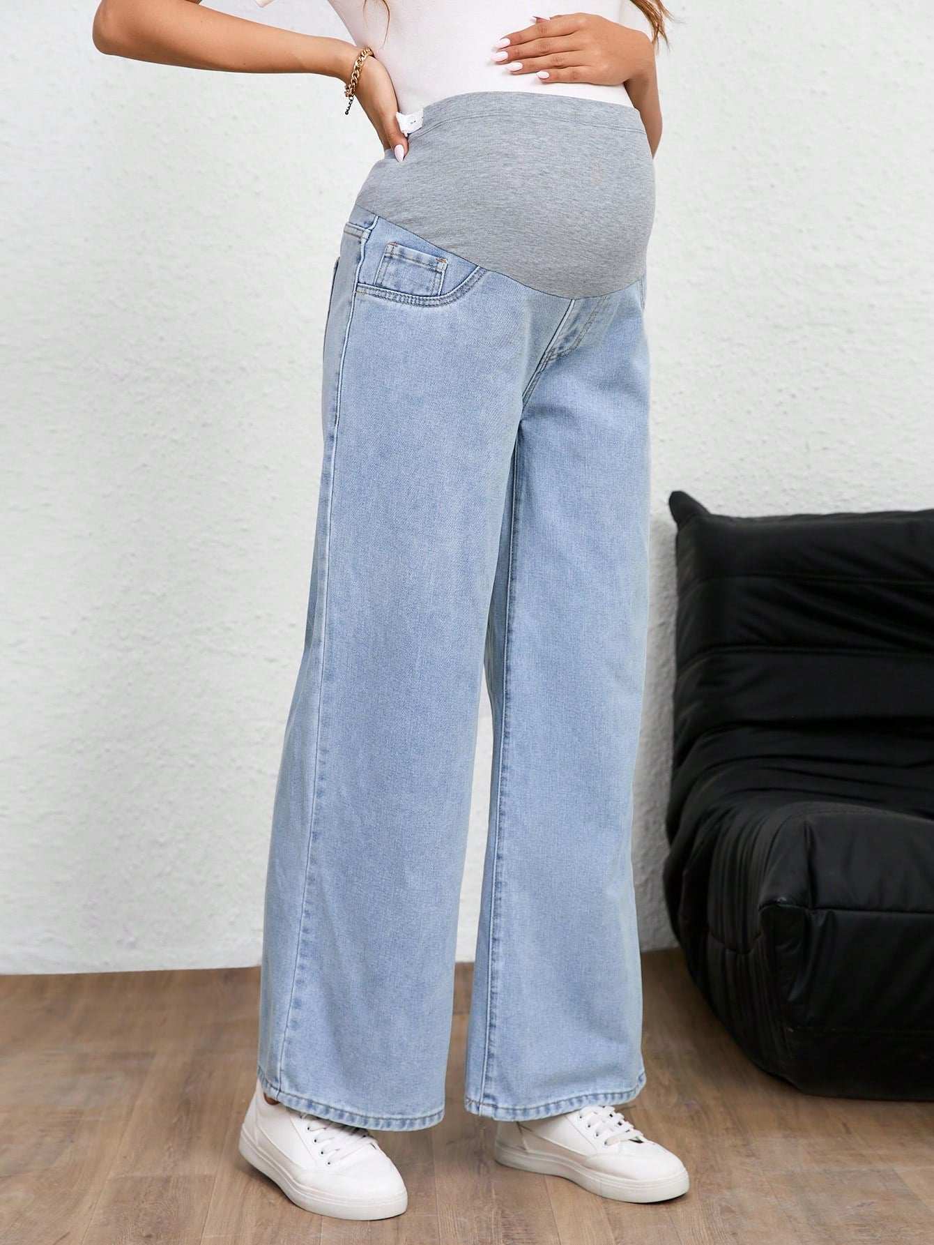 بنطلون جينز للحوامل، لون أحادي، موضة مناسبة للصيف - Pink&blue