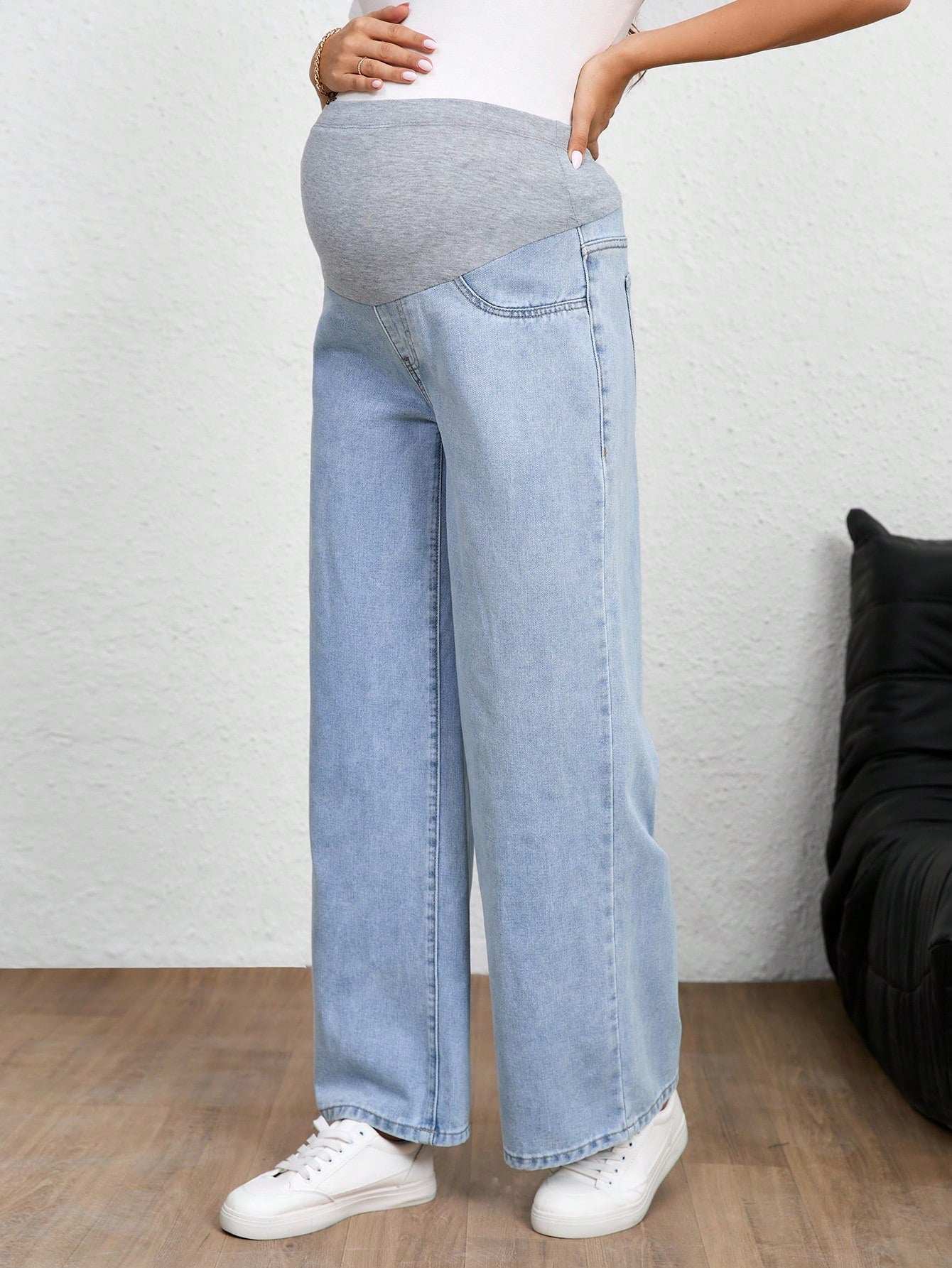 بنطلون جينز للحوامل، لون أحادي، موضة مناسبة للصيف - Pink&blue