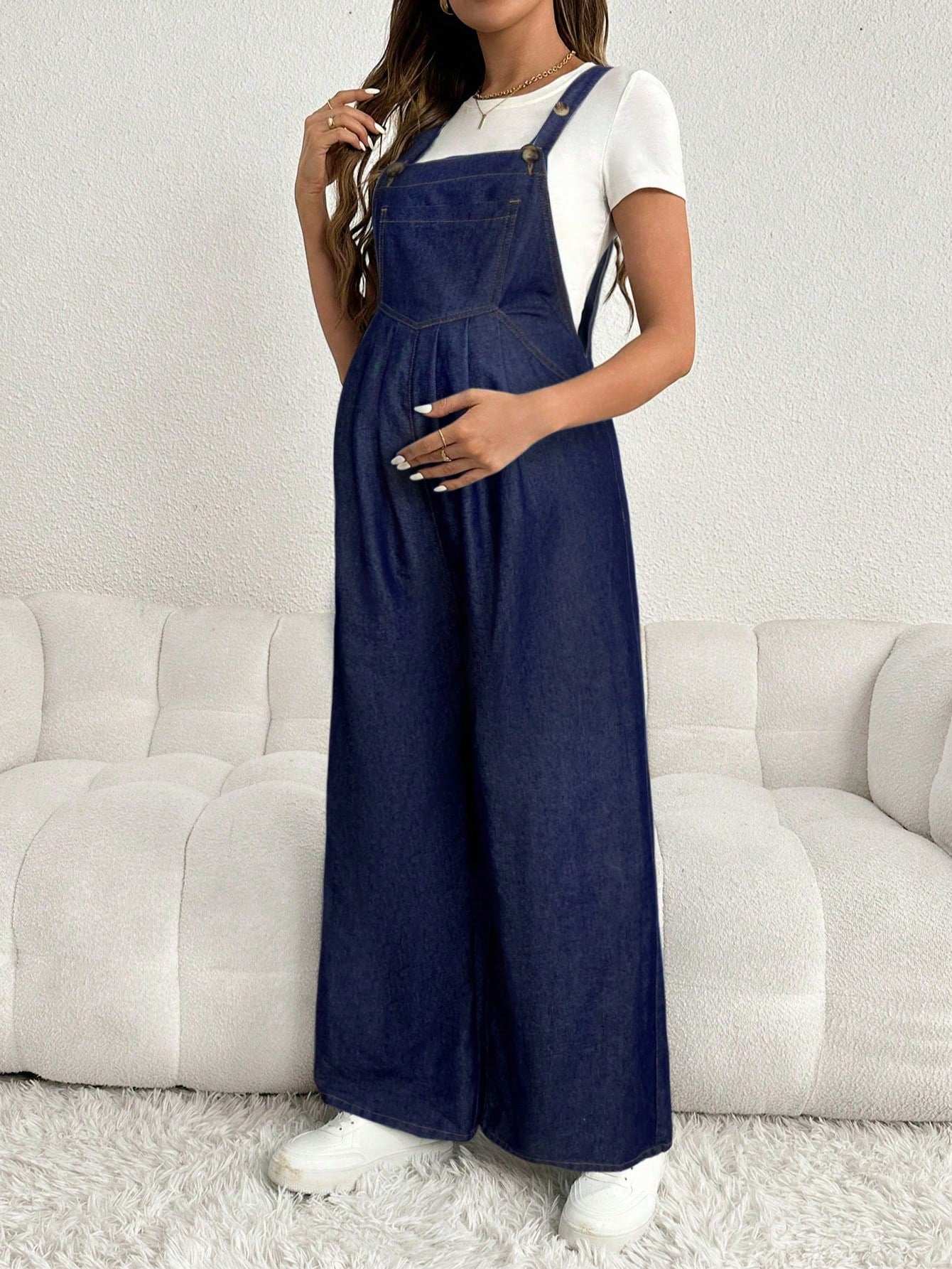 سروال جينز للحامل قابل للتعديل، سترة عادية فضفاضة واسعة الساق طويلة، لونها أزرق أزرق داكن - Pink&blue