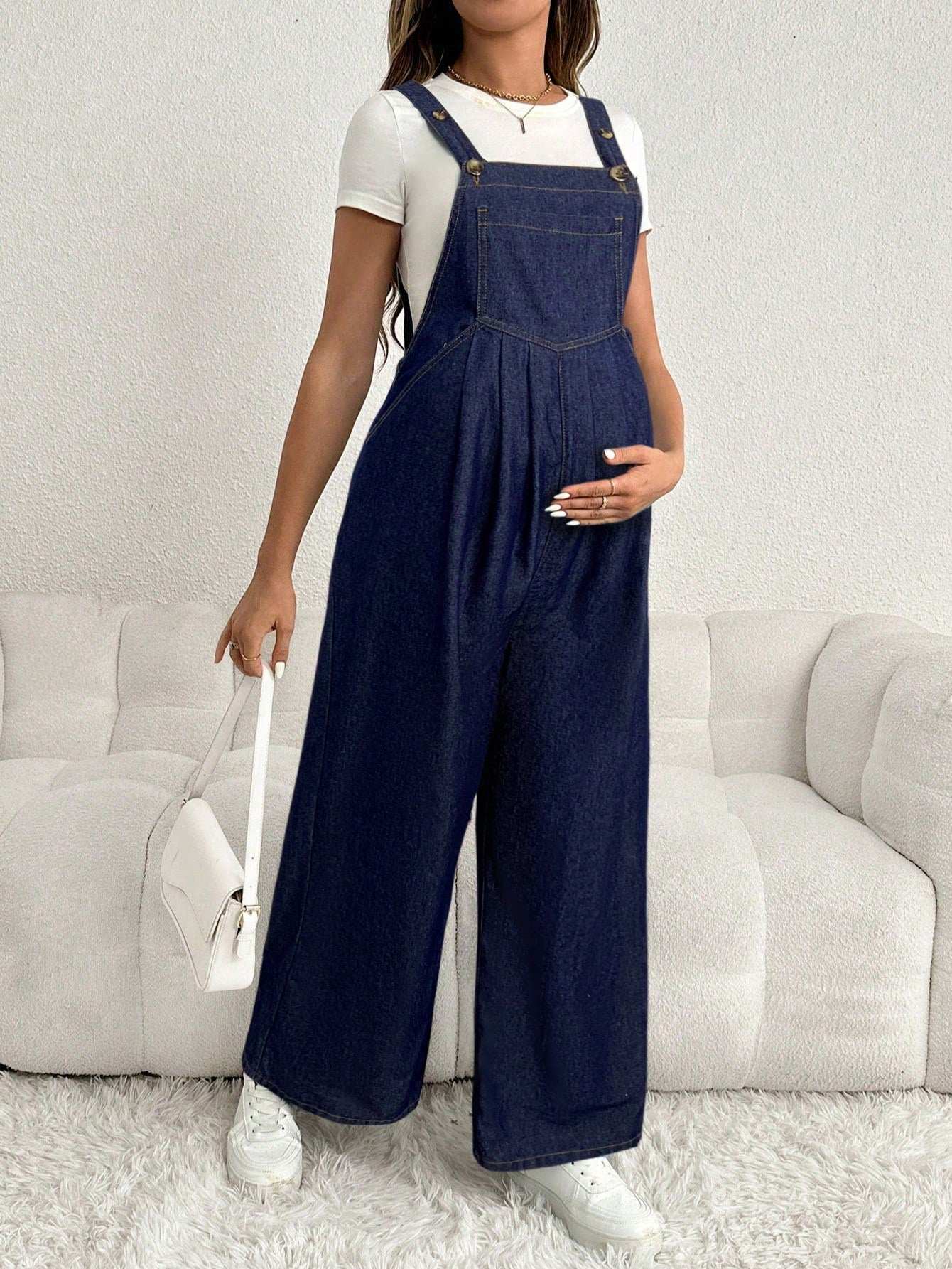 سروال جينز للحامل قابل للتعديل، سترة عادية فضفاضة واسعة الساق طويلة، لونها أزرق أزرق داكن - Pink&blue