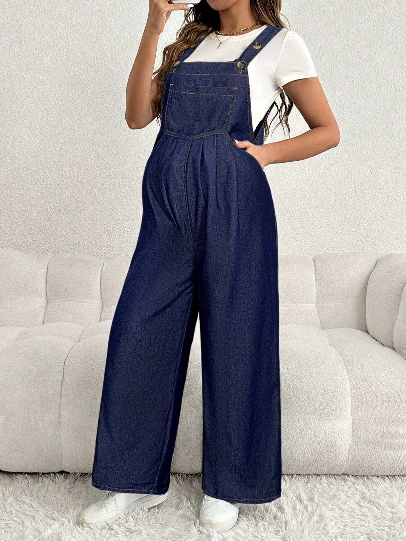 سروال جينز للحامل قابل للتعديل، سترة عادية فضفاضة واسعة الساق طويلة، لونها أزرق أزرق داكن - Pink&blue