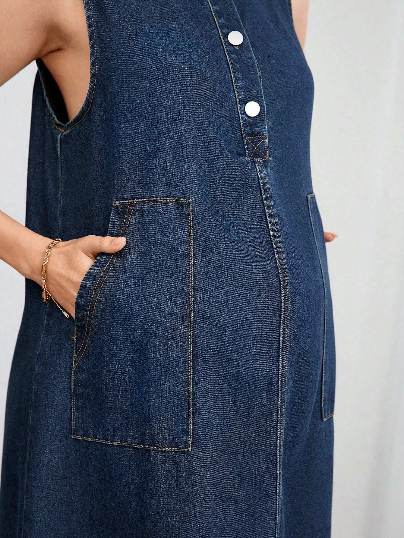 فستان جينز للحوامل بدون أكمام مصنوع من جيوب جانبية قماش ملونة، كاجوال صيفي - Pink&blue