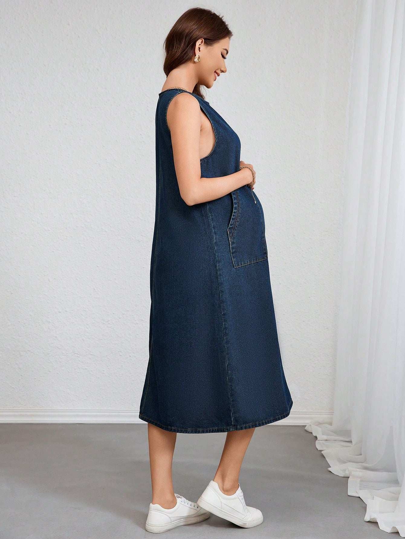 فستان جينز للحوامل بدون أكمام مصنوع من جيوب جانبية قماش ملونة، كاجوال صيفي - Pink&blue