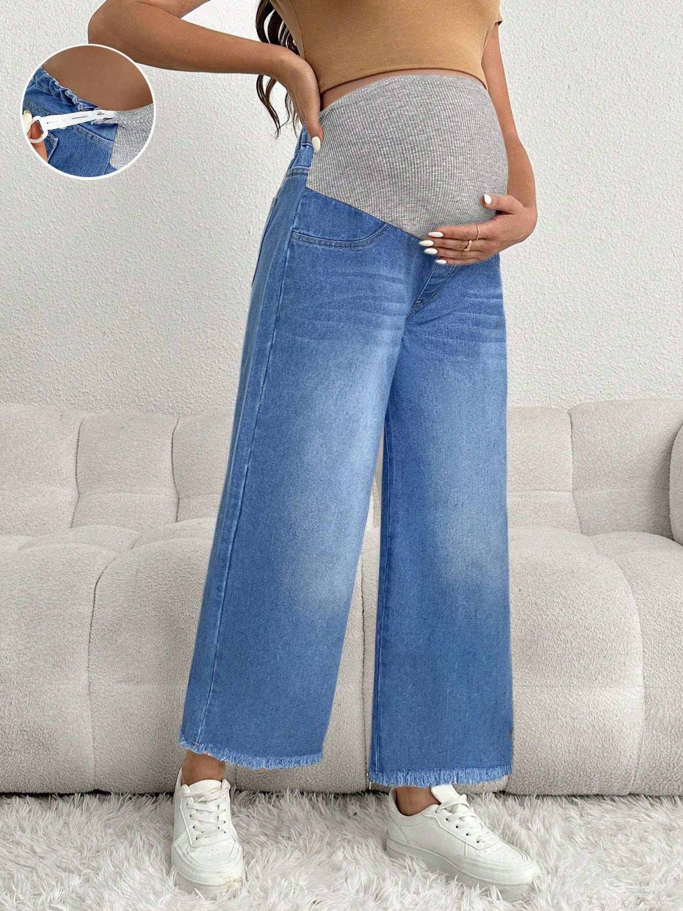 بنطلون جينز للحوامل قصير باذنجاني فضفاض مع خصر رمادي - Pink&blue