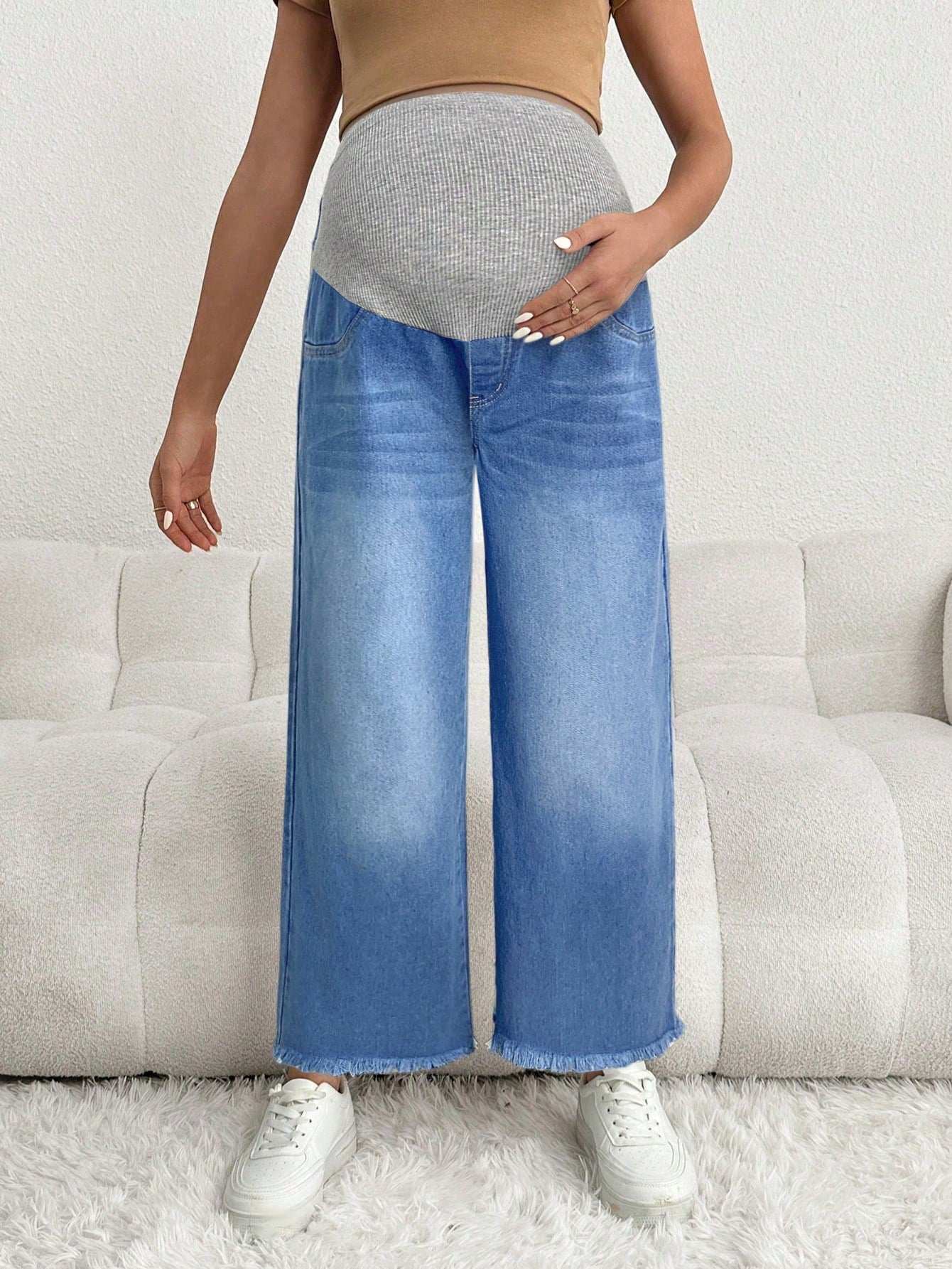 بنطلون جينز للحوامل قصير باذنجاني فضفاض مع خصر رمادي - Pink&blue