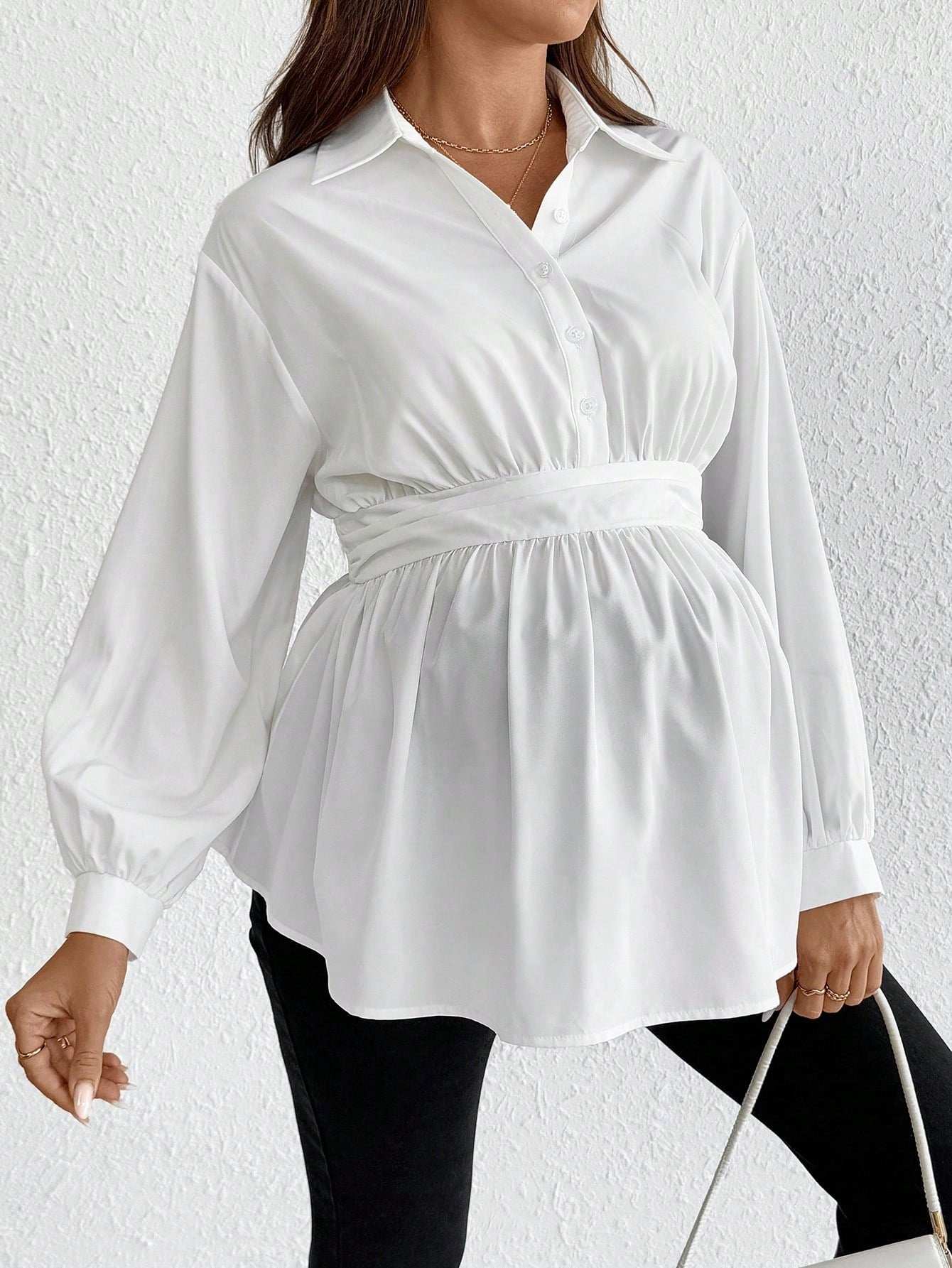 بلوزة كاجوال نساء حوامل فضفاضة القصة لون أحادي مطوية على الكتف بأكمام طويلة - Pink&blue