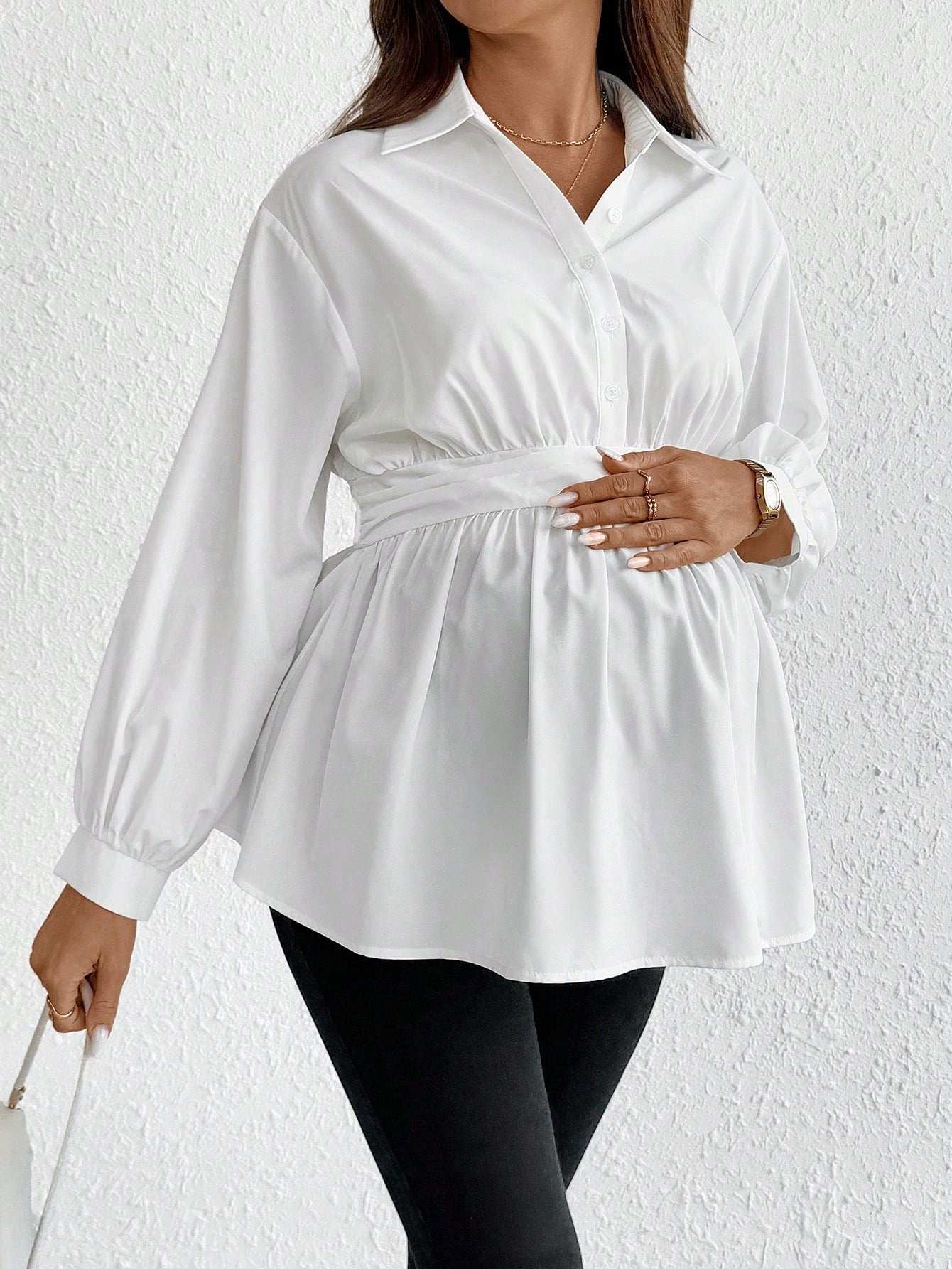 بلوزة كاجوال نساء حوامل فضفاضة القصة لون أحادي مطوية على الكتف بأكمام طويلة - Pink&blue