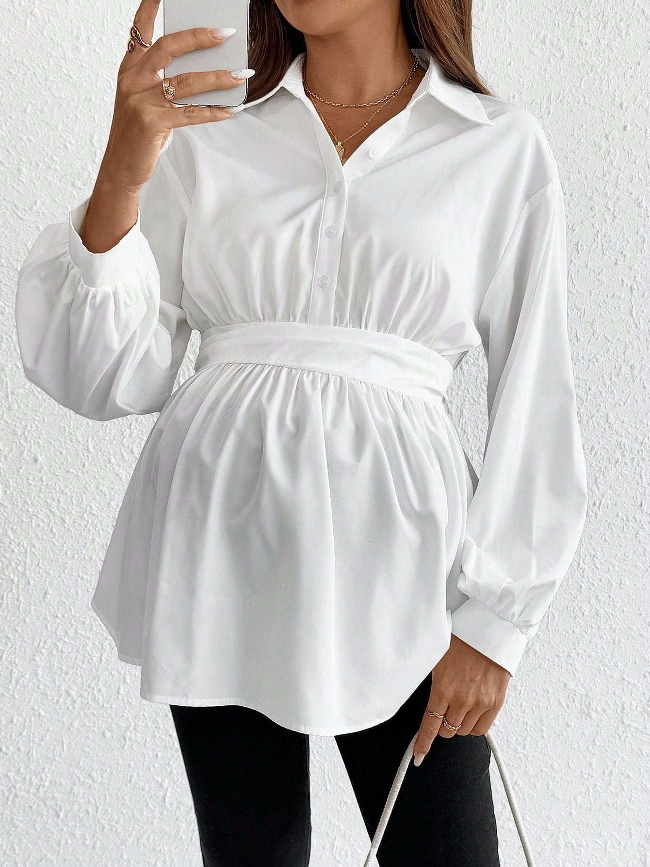 بلوزة كاجوال نساء حوامل فضفاضة القصة لون أحادي مطوية على الكتف بأكمام طويلة - Pink&blue