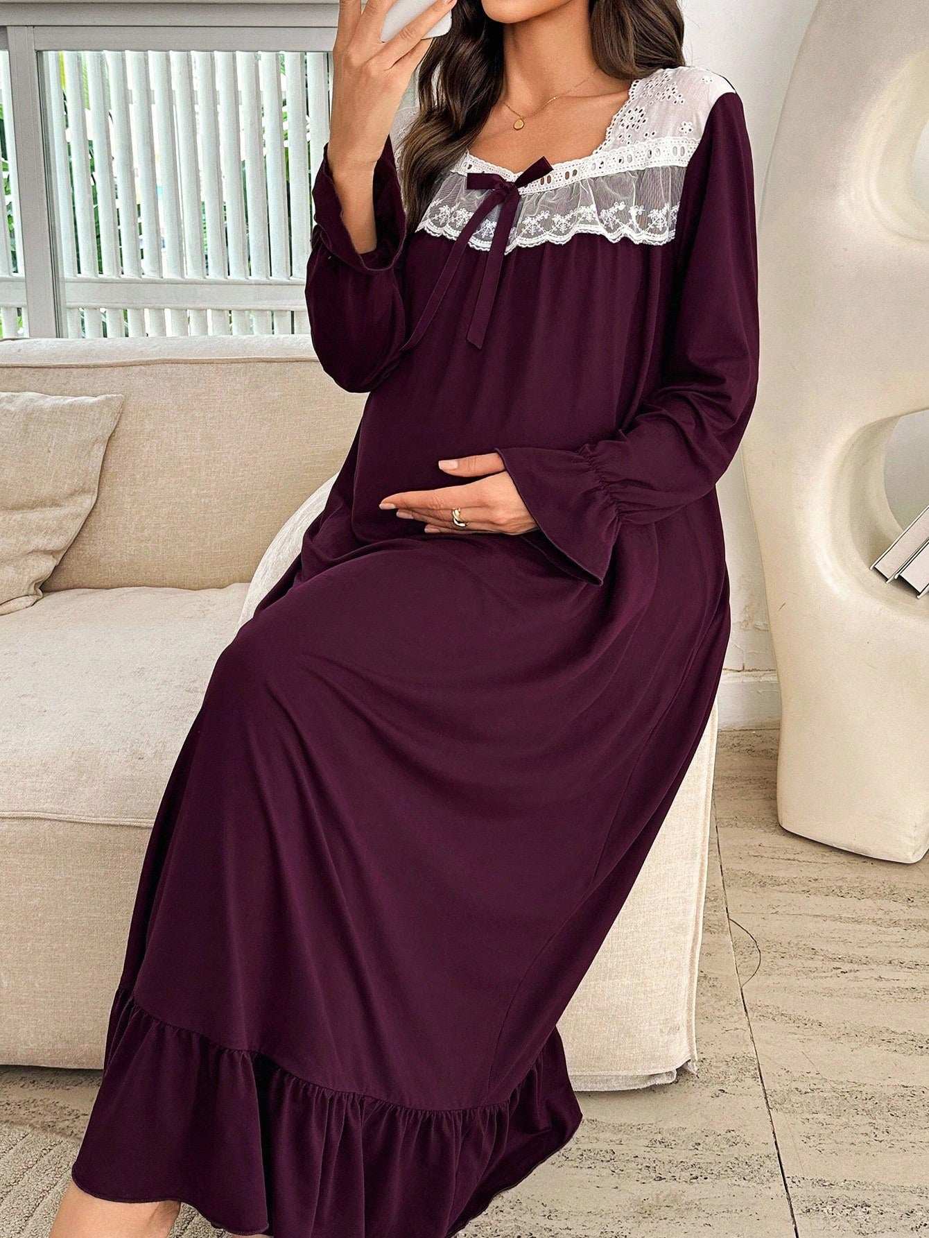 فستان نوم محبوك بأكمام طويلة وياقة مربعة، مزين بالتطريز والكشكشة والرقعات، مناسب للحمل، موسم الخريف - Pink&blue