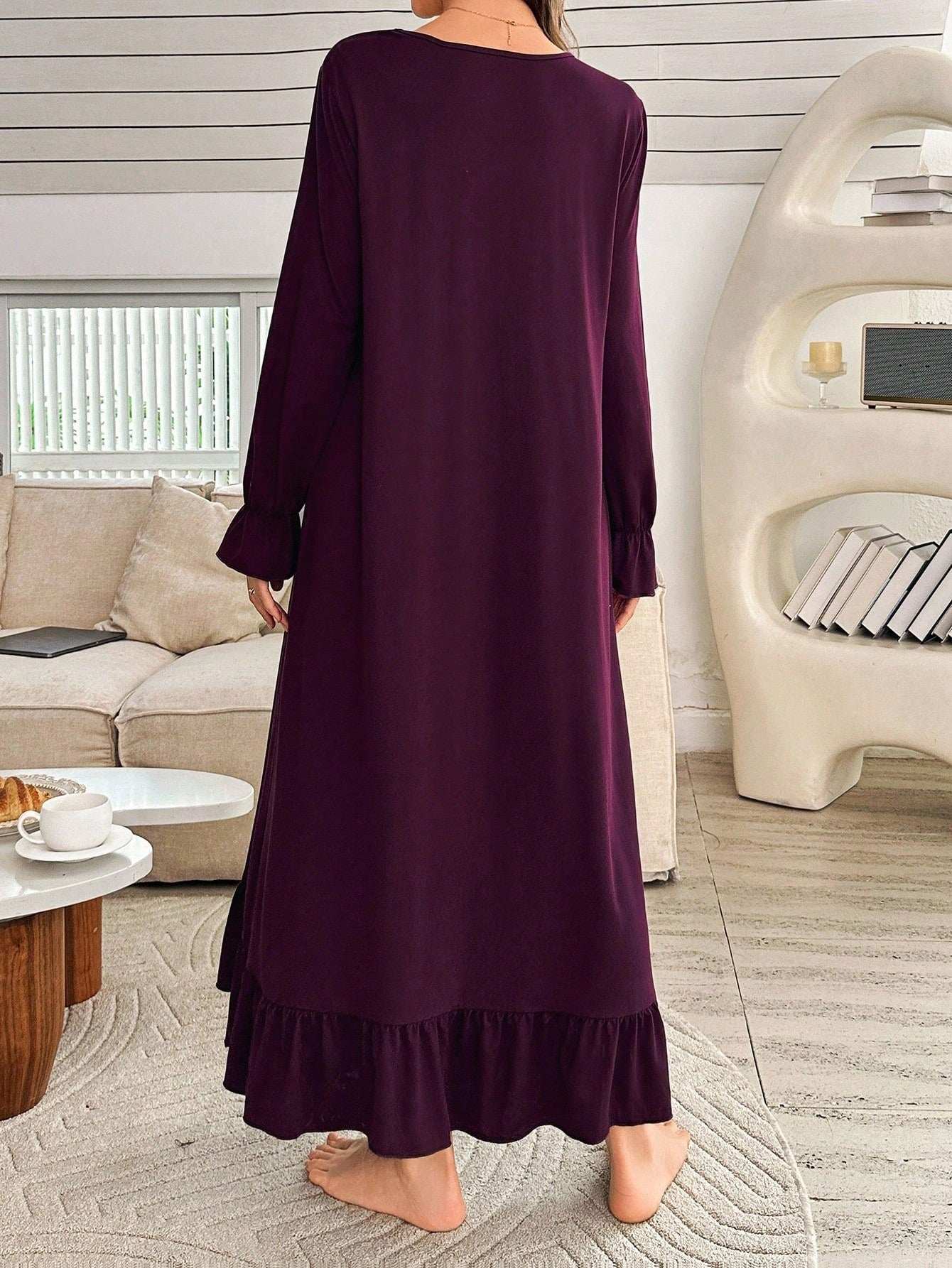 فستان نوم محبوك بأكمام طويلة وياقة مربعة، مزين بالتطريز والكشكشة والرقعات، مناسب للحمل، موسم الخريف - Pink&blue