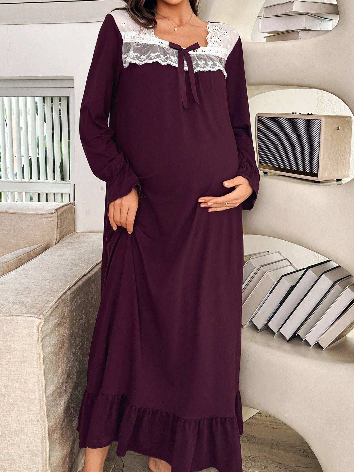 فستان نوم محبوك بأكمام طويلة وياقة مربعة، مزين بالتطريز والكشكشة والرقعات، مناسب للحمل، موسم الخريف - Pink&blue