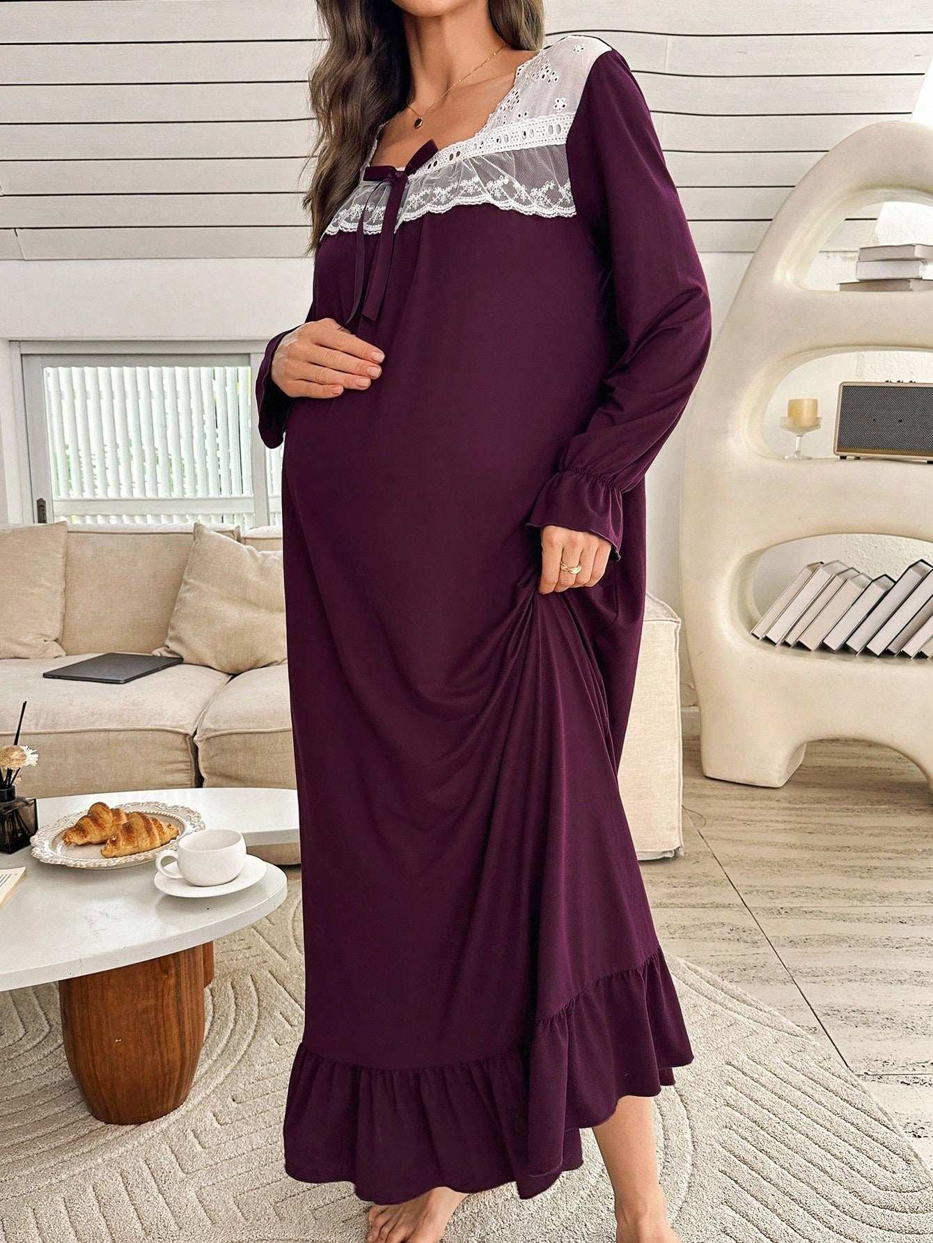 فستان نوم محبوك بأكمام طويلة وياقة مربعة، مزين بالتطريز والكشكشة والرقعات، مناسب للحمل، موسم الخريف - Pink&blue