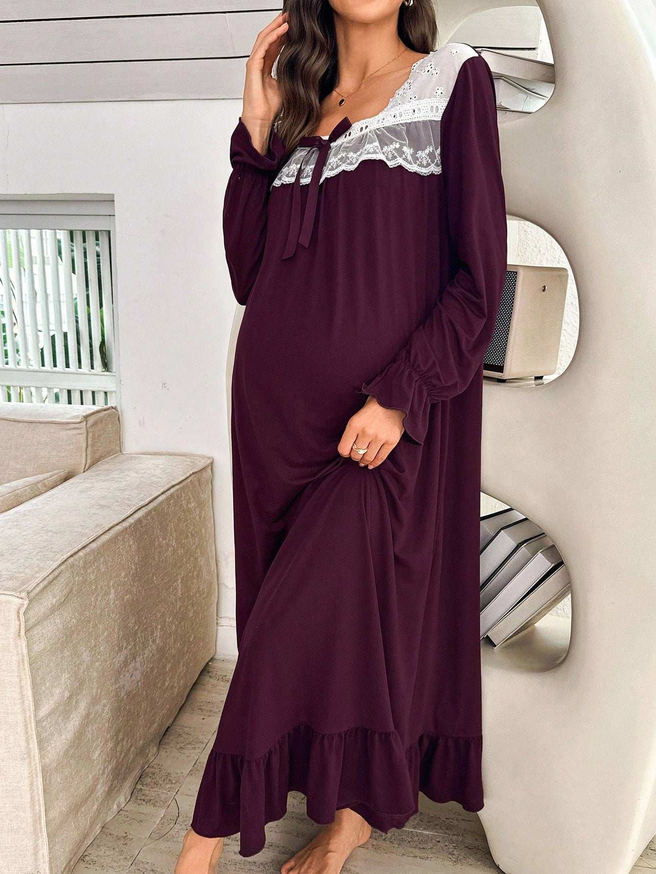 فستان نوم محبوك بأكمام طويلة وياقة مربعة، مزين بالتطريز والكشكشة والرقعات، مناسب للحمل، موسم الخريف - Pink&blue