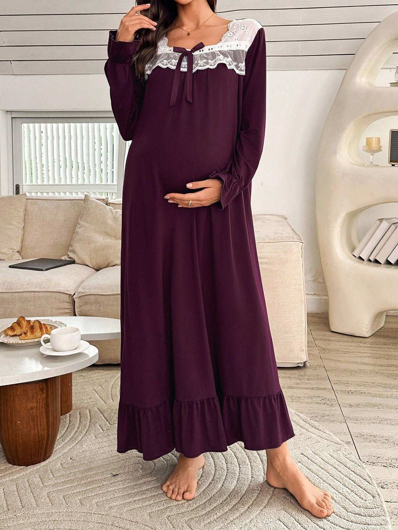 فستان نوم محبوك بأكمام طويلة وياقة مربعة، مزين بالتطريز والكشكشة والرقعات، مناسب للحمل، موسم الخريف - Pink&blue