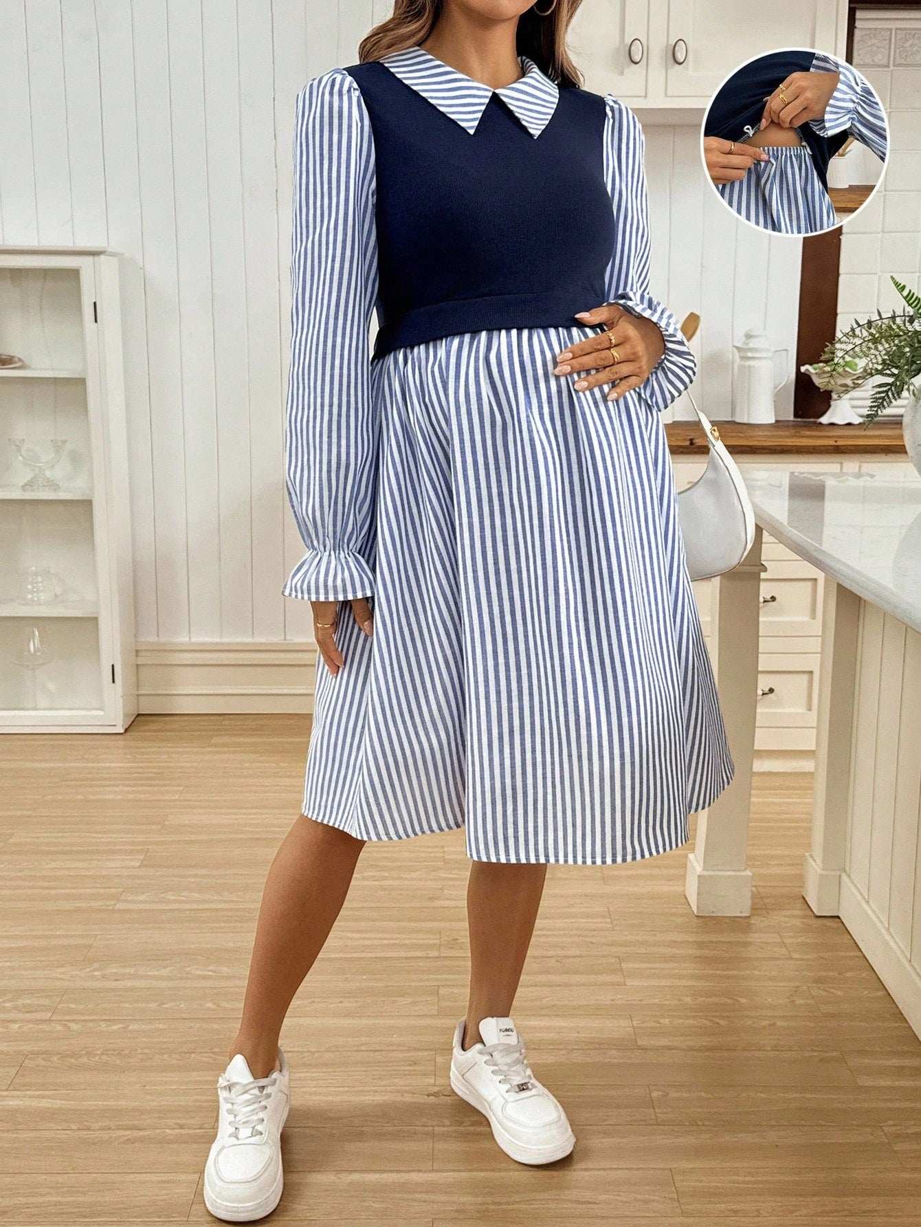 فستان رضاعة طويل الأكمام بتصميم رقعي من الألوان المخططة والصلبة - Pink&blue