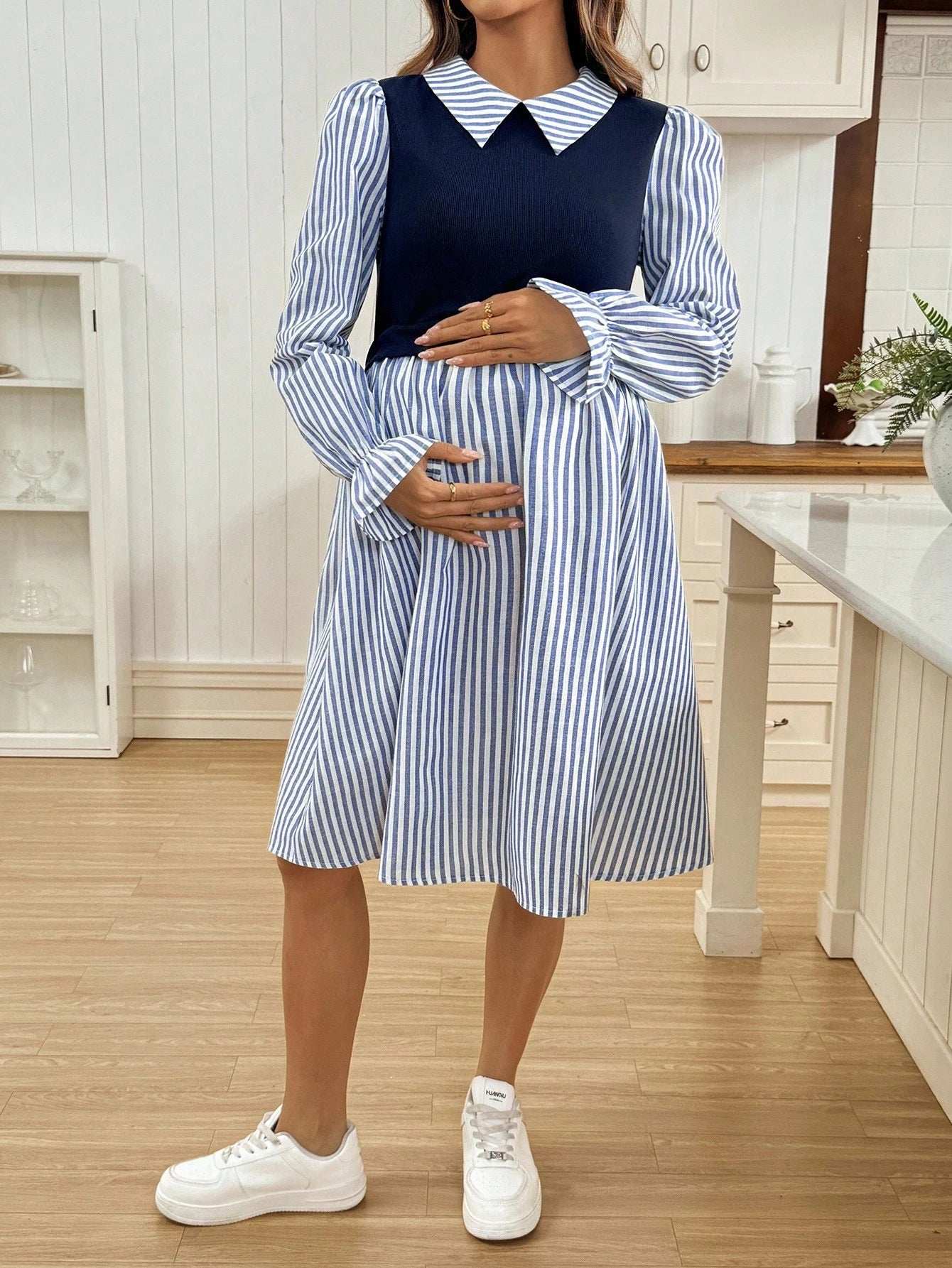 فستان رضاعة طويل الأكمام بتصميم رقعي من الألوان المخططة والصلبة - Pink&blue