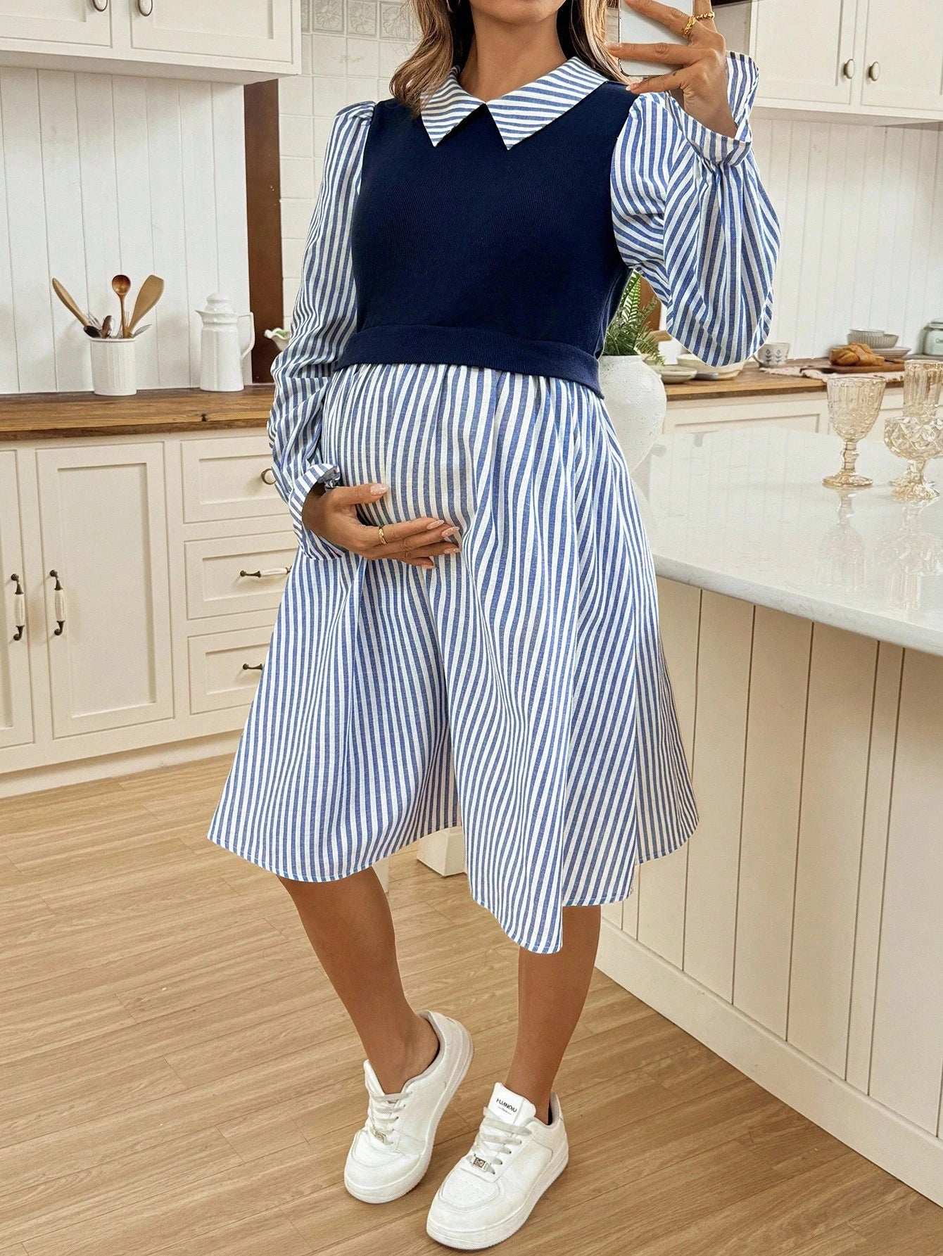 فستان رضاعة طويل الأكمام بتصميم رقعي من الألوان المخططة والصلبة - Pink&blue