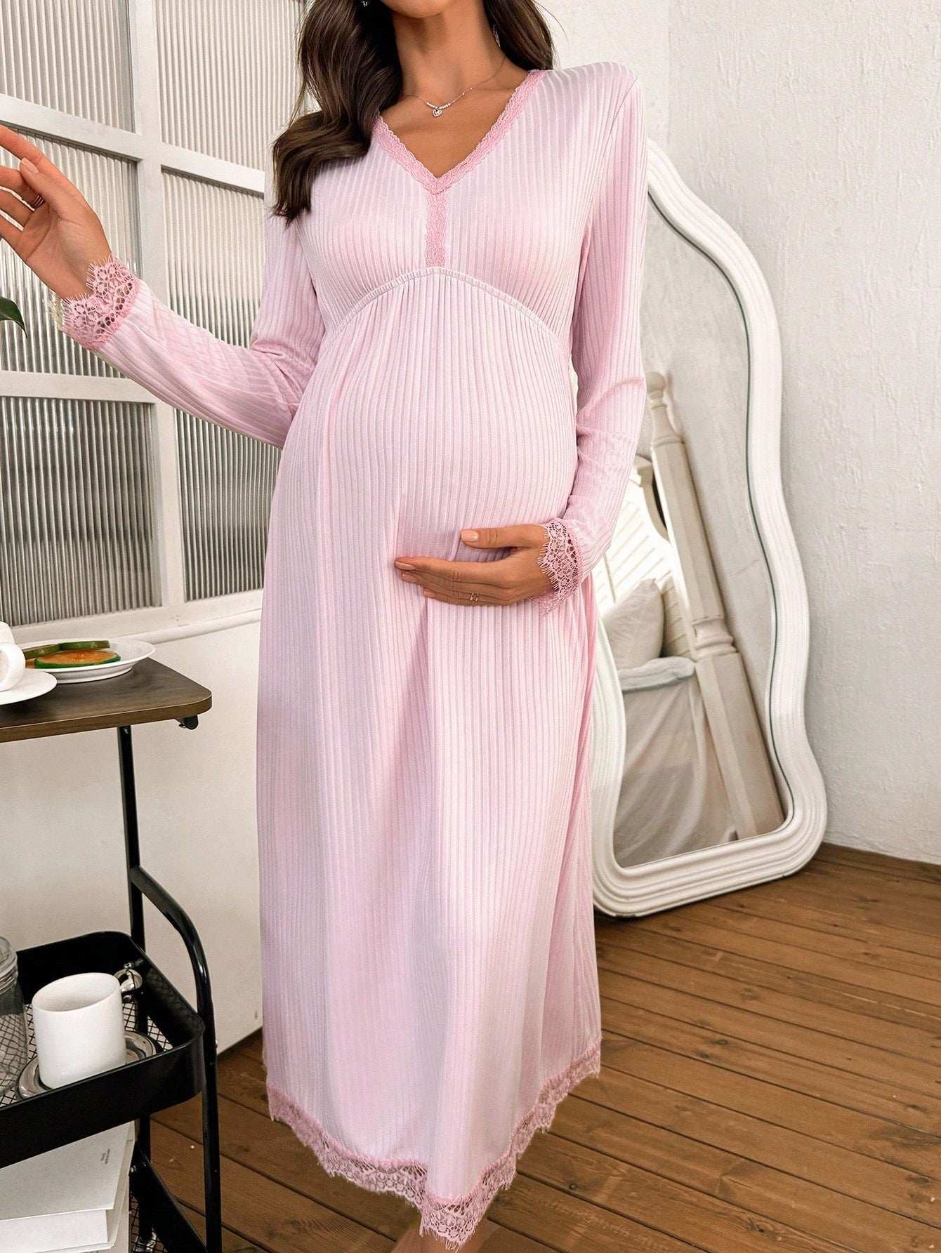 ثوب نوم أنيق مطرز بالدانتيل الفرنسي فضفاض بأكمام طويلة للحوامل، خريف - Pink&blue