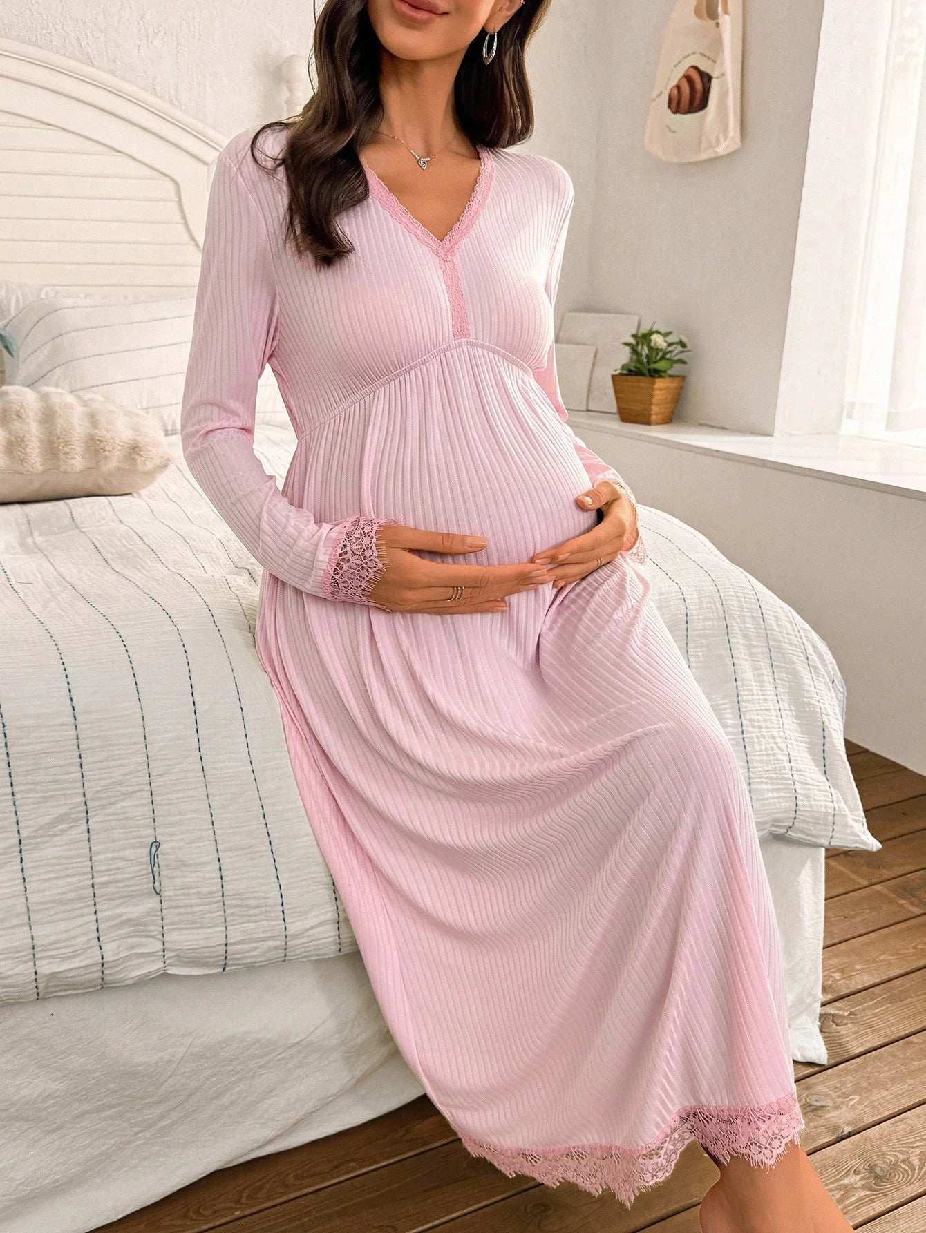 ثوب نوم أنيق مطرز بالدانتيل الفرنسي فضفاض بأكمام طويلة للحوامل، خريف - Pink&blue