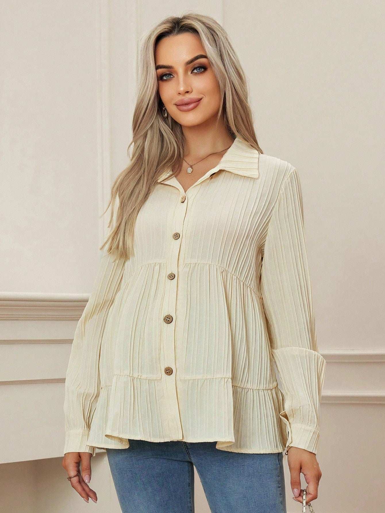 قميص حمل كاجوال بأكمام طويلة وذيل مكشكش بلون واحد - Pink&blue