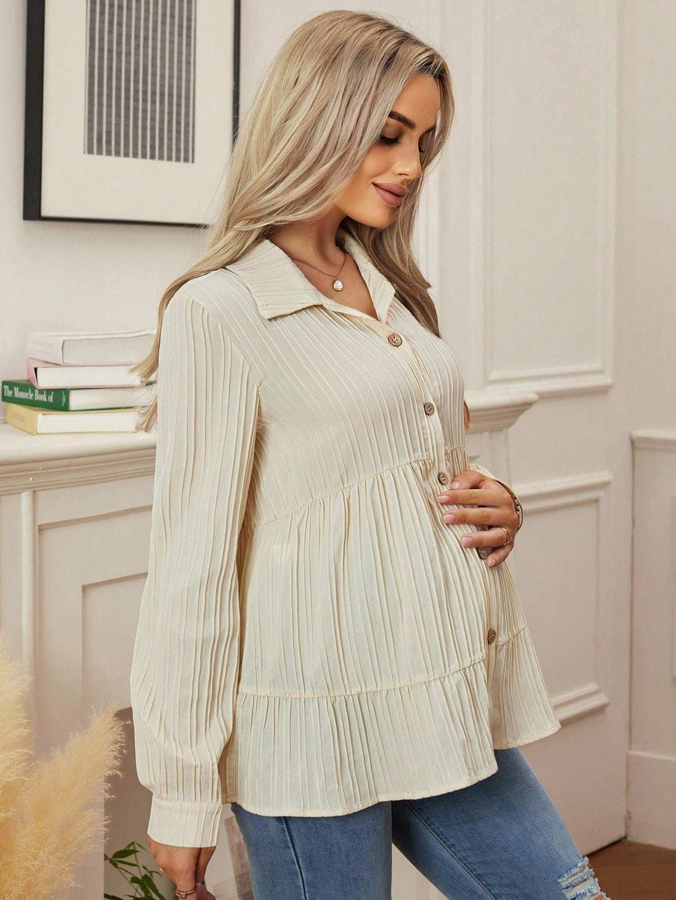 قميص حمل كاجوال بأكمام طويلة وذيل مكشكش بلون واحد - Pink&blue