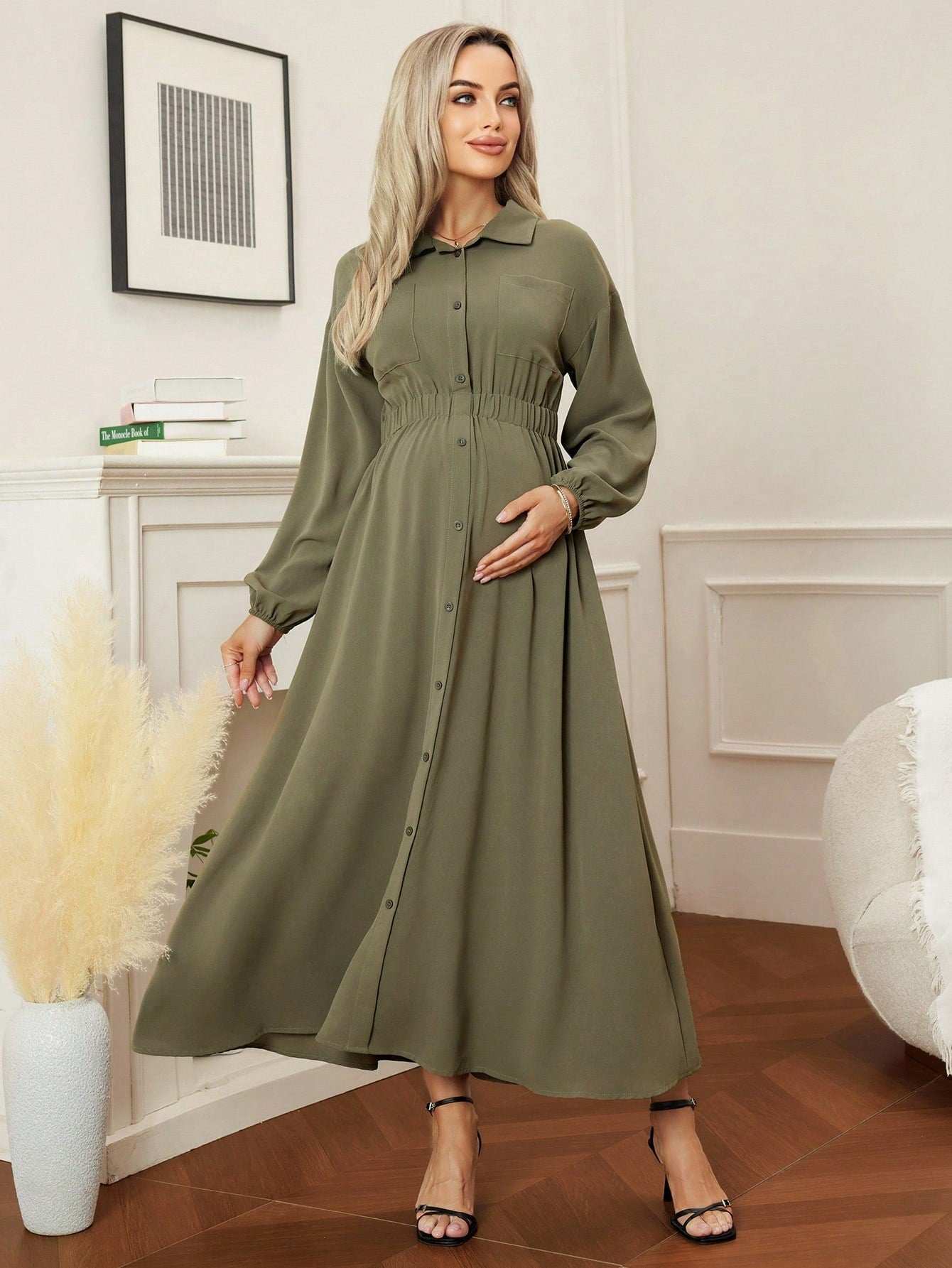 فستان حمل مع طوق، جيوب، أكمام طويلة، خصر مطاطي، مناسب للتنقل واللبس اليومي - Pink&blue