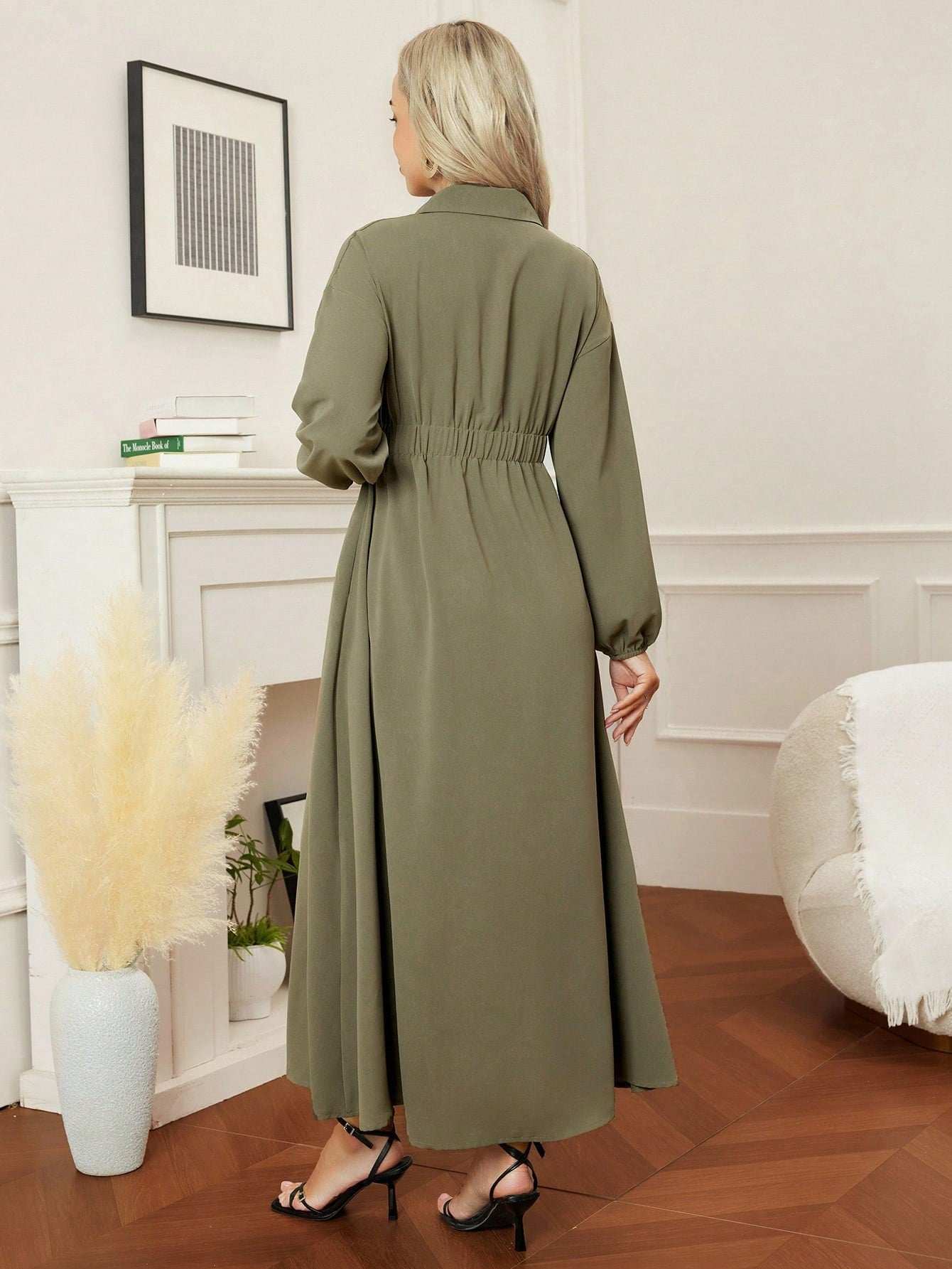 فستان حمل مع طوق، جيوب، أكمام طويلة، خصر مطاطي، مناسب للتنقل واللبس اليومي - Pink&blue