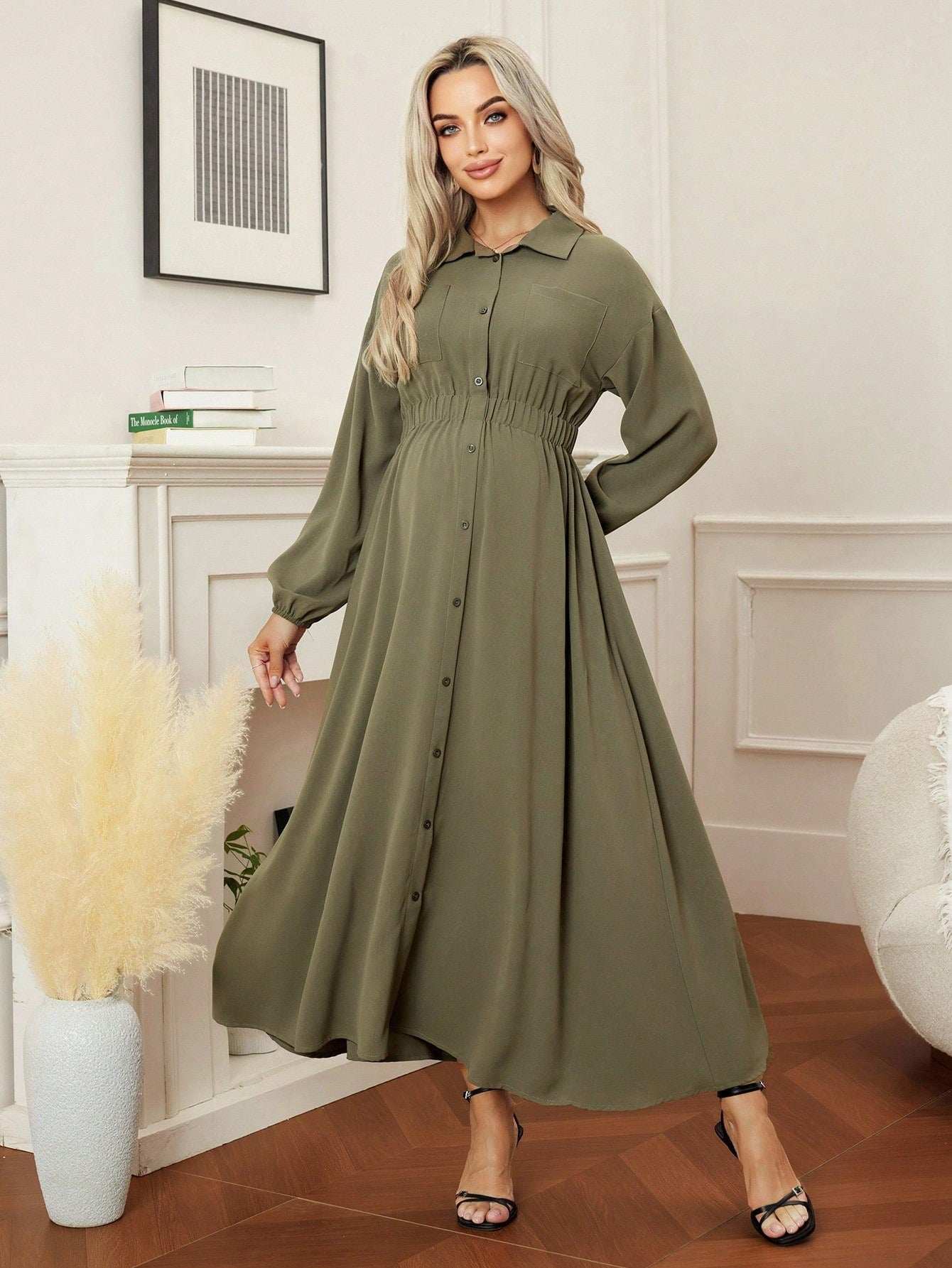 فستان حمل مع طوق، جيوب، أكمام طويلة، خصر مطاطي، مناسب للتنقل واللبس اليومي - Pink&blue