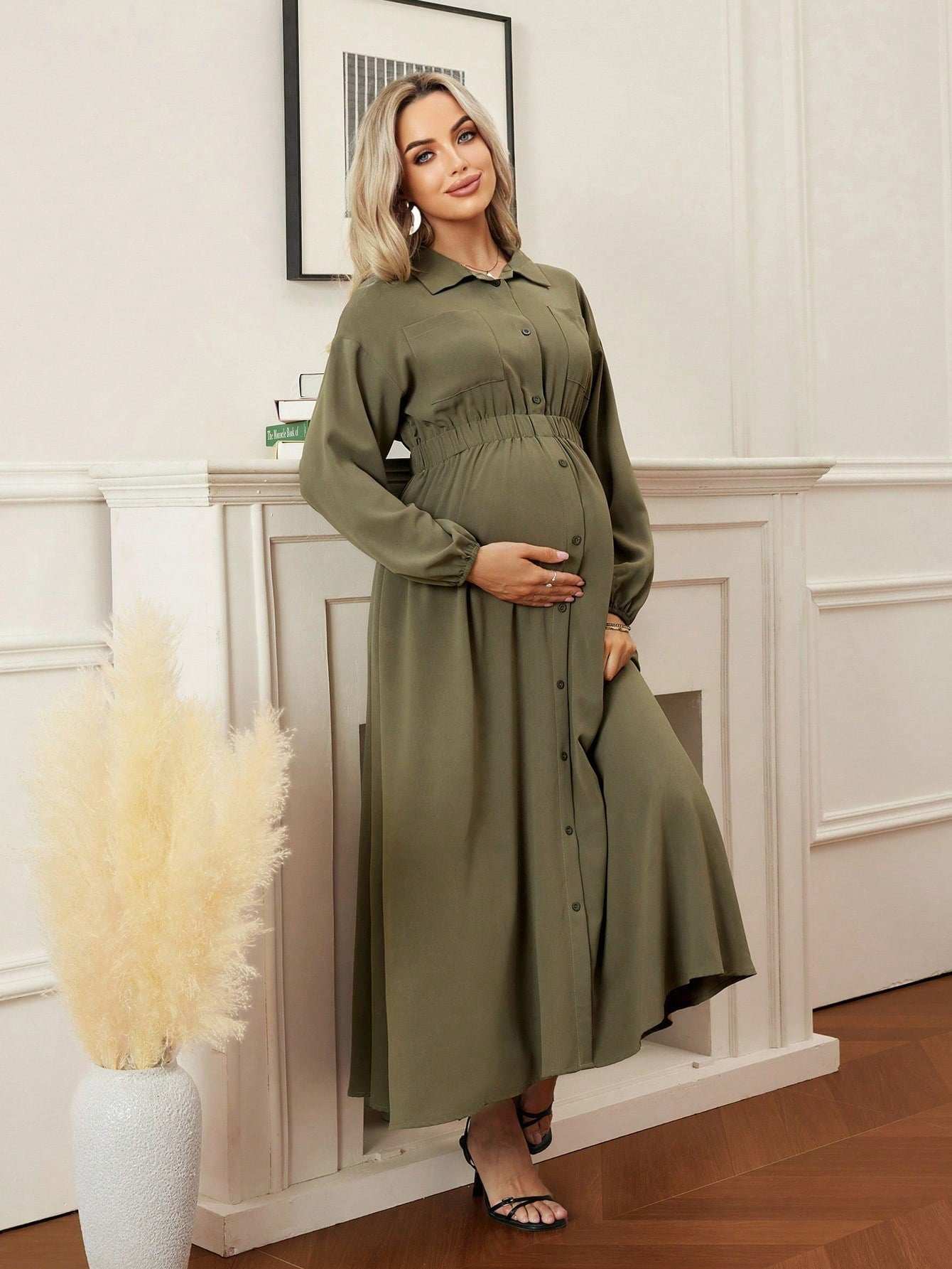 فستان حمل مع طوق، جيوب، أكمام طويلة، خصر مطاطي، مناسب للتنقل واللبس اليومي - Pink&blue