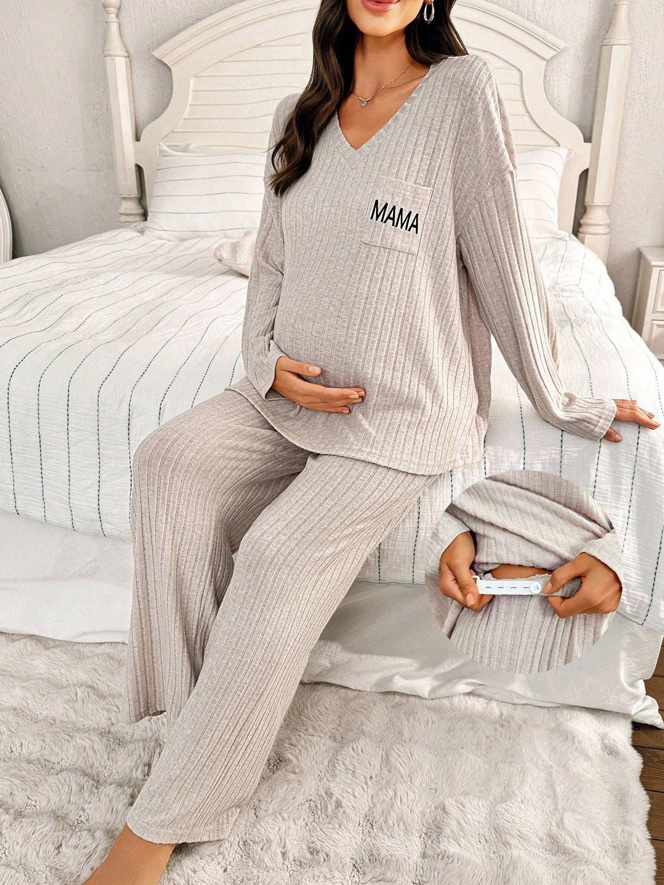 مجموعة ملابس نوم للحوامل من ملابس علوية طويلة الأكمام بياقة على شكل حرف V مطرزة بحرف وبنطلون، ملابس كاجوال للخريف - Pink&blue