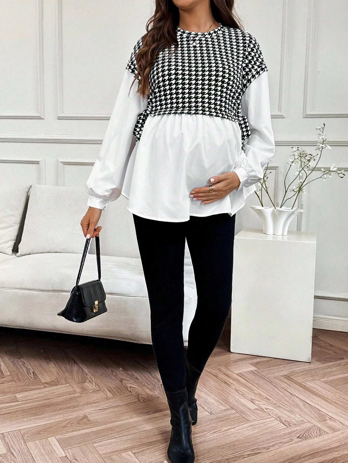 ملابس الخريف، ملابس الخريف، ملابس الحمل في الخريف، بلوزة حمل كاجوال للتنقل، بلوزة مرقعة بنمط الهندسي، بلوزة حمل بأكمام طويلة، بلوزة مربوطة الجانب، بلوزات للنساء - Pink&blue