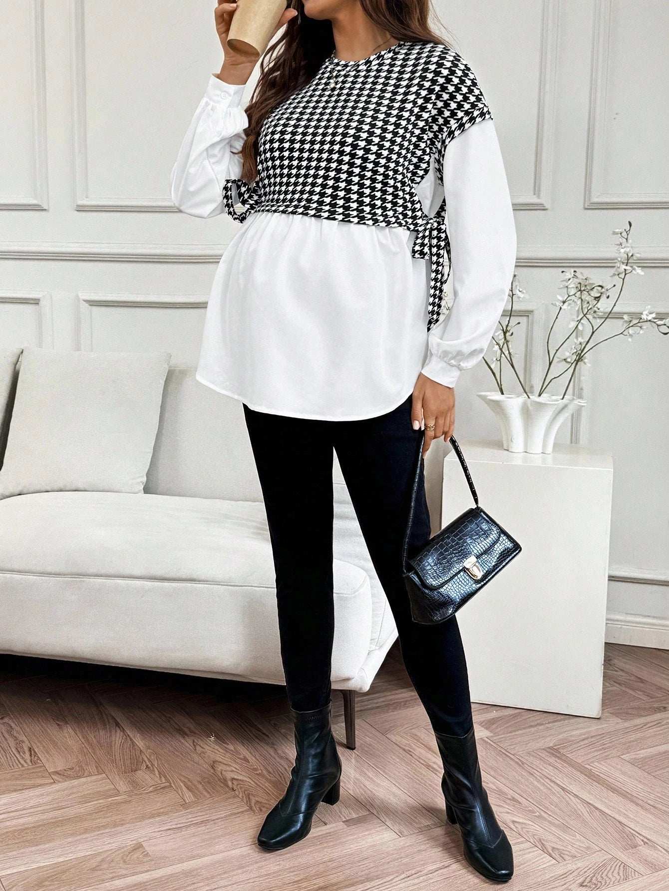 ملابس الخريف، ملابس الخريف، ملابس الحمل في الخريف، بلوزة حمل كاجوال للتنقل، بلوزة مرقعة بنمط الهندسي، بلوزة حمل بأكمام طويلة، بلوزة مربوطة الجانب، بلوزات للنساء - Pink&blue