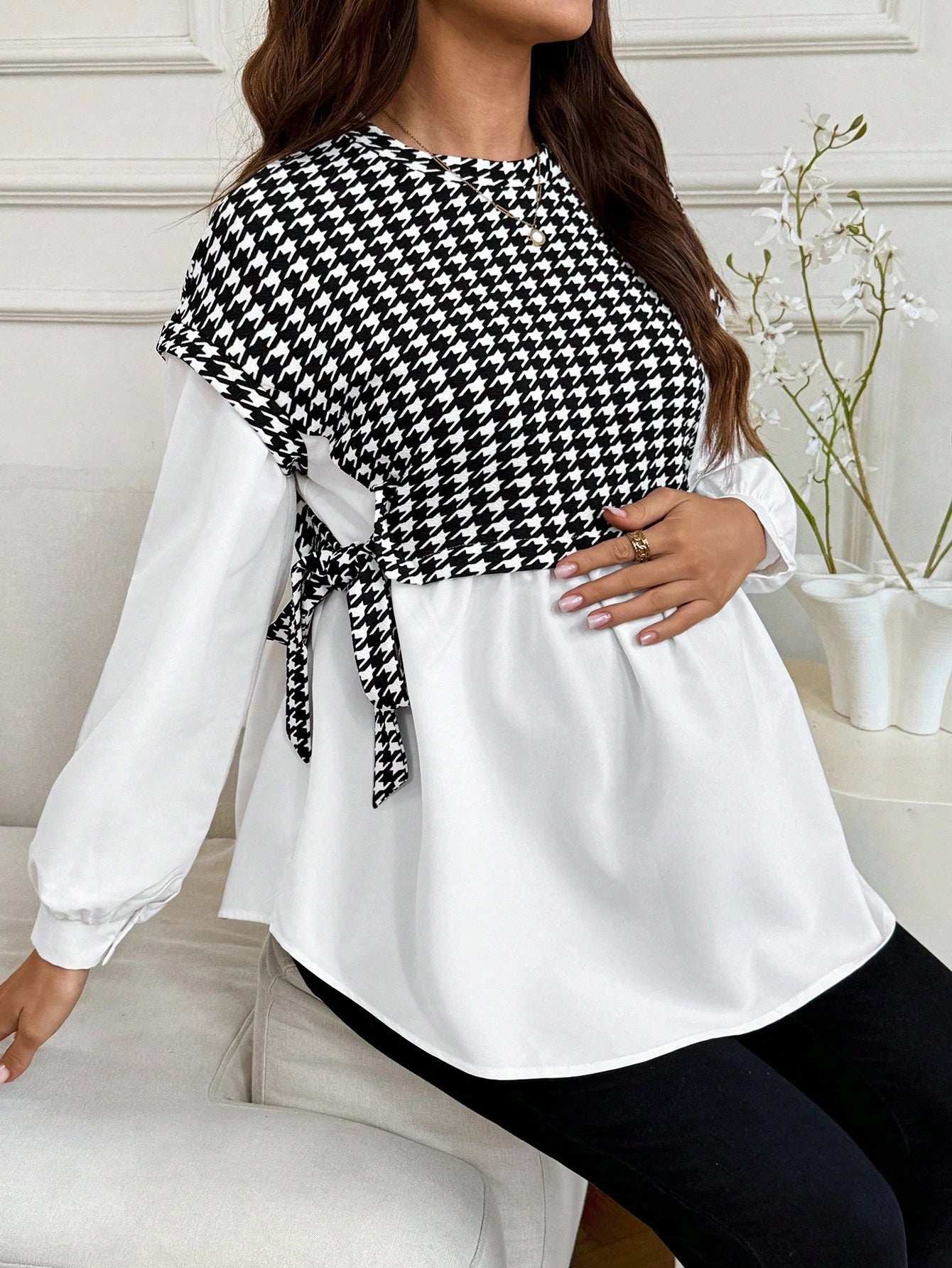 ملابس الخريف، ملابس الخريف، ملابس الحمل في الخريف، بلوزة حمل كاجوال للتنقل، بلوزة مرقعة بنمط الهندسي، بلوزة حمل بأكمام طويلة، بلوزة مربوطة الجانب، بلوزات للنساء - Pink&blue