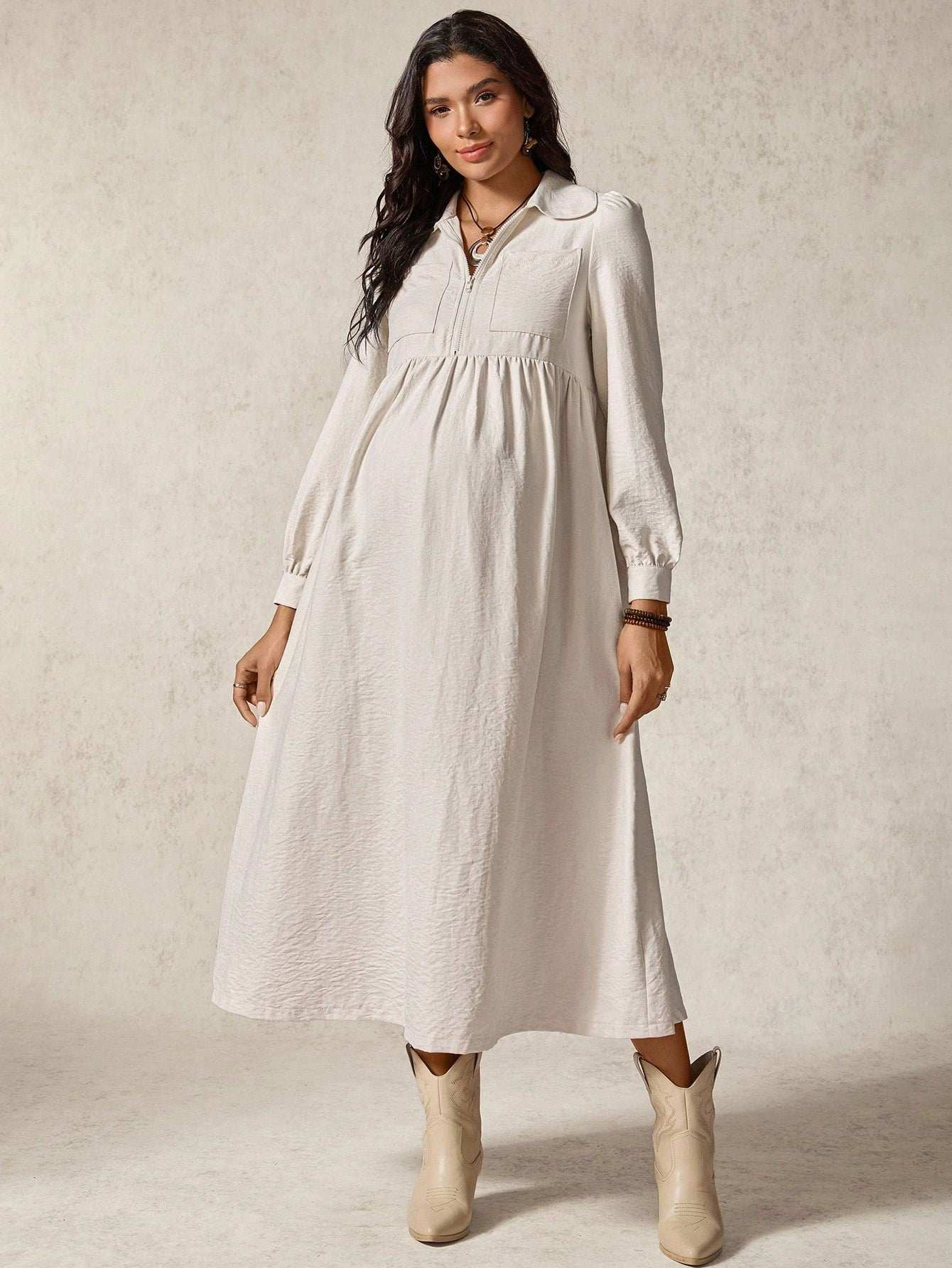 فستان حمل كاجوال أحادي اللون بأكمام طويلة - Pink&blue