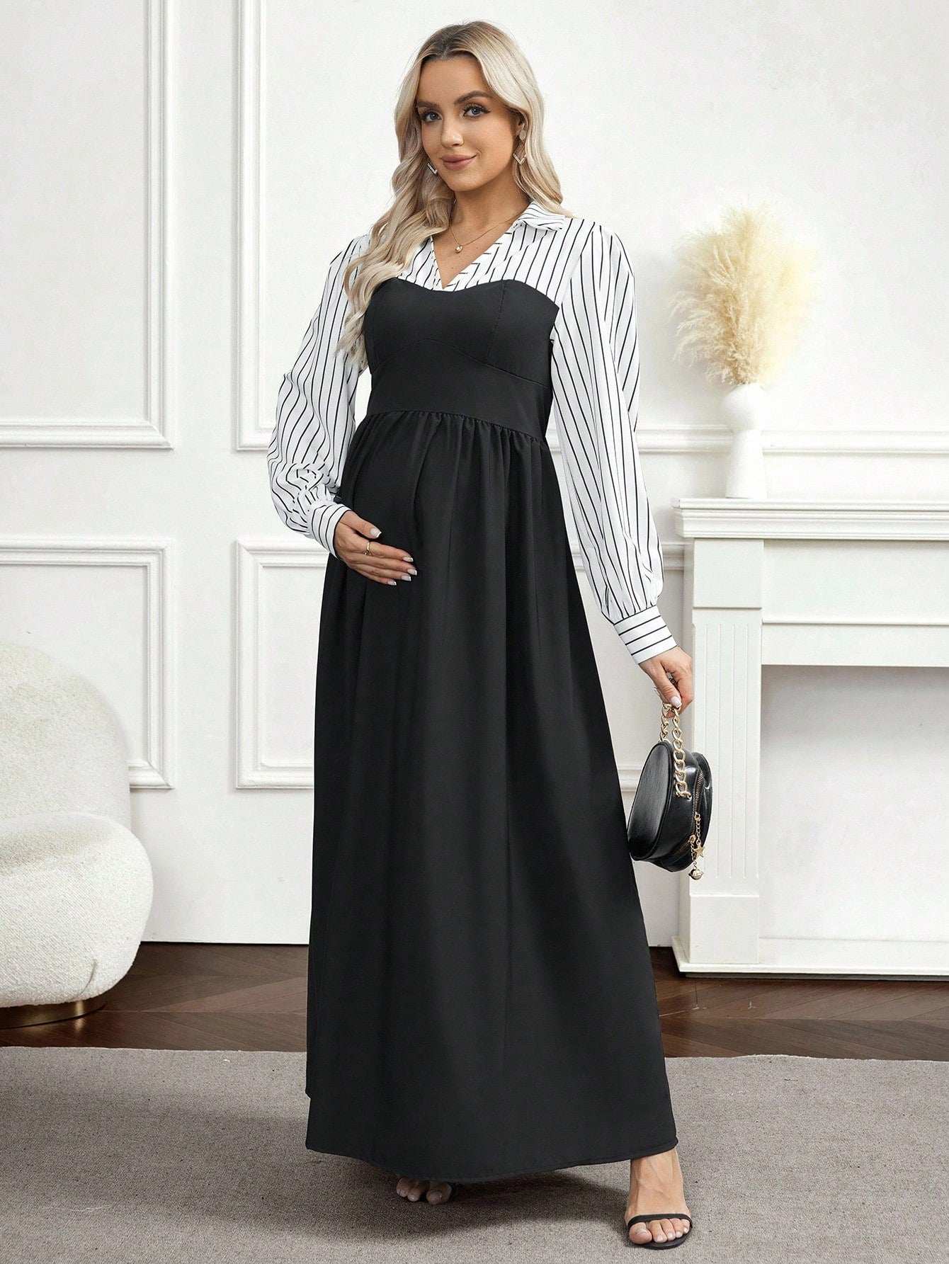 فستان أنيق طويل الأكمام مخطط بألوان متباينة للنساء الحوامل - Pink&blue