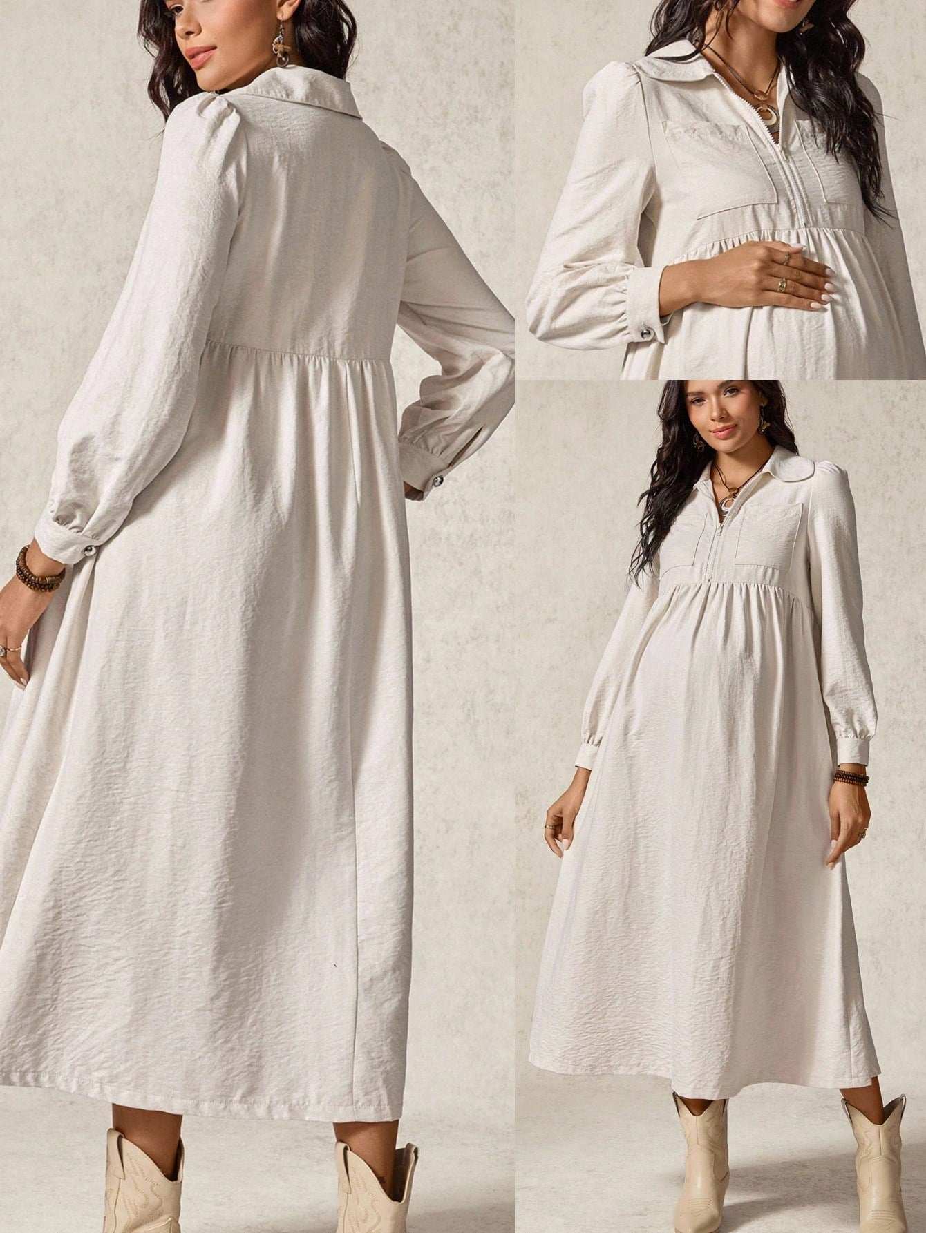 فستان حمل كاجوال أحادي اللون بأكمام طويلة - Pink&blue