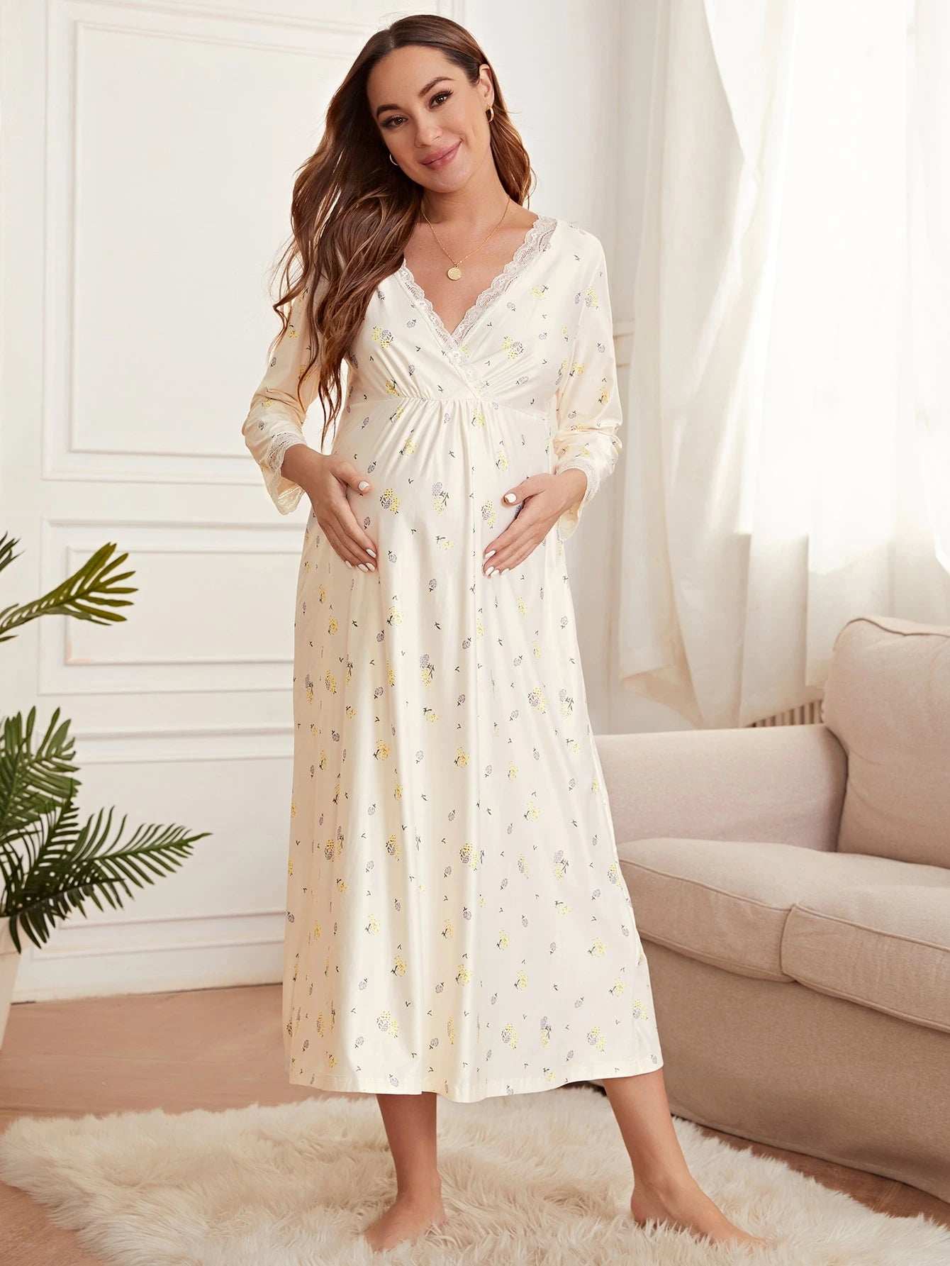 فستان راحة طبعات زهور ديتسي مع حواف دانتيل للأمومة - Pink&blue