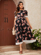 الأمومة بالكامل طباعة الأزهار متباينة جبر الدانتيل فستان منفوخ الأكمام - Pink&blue