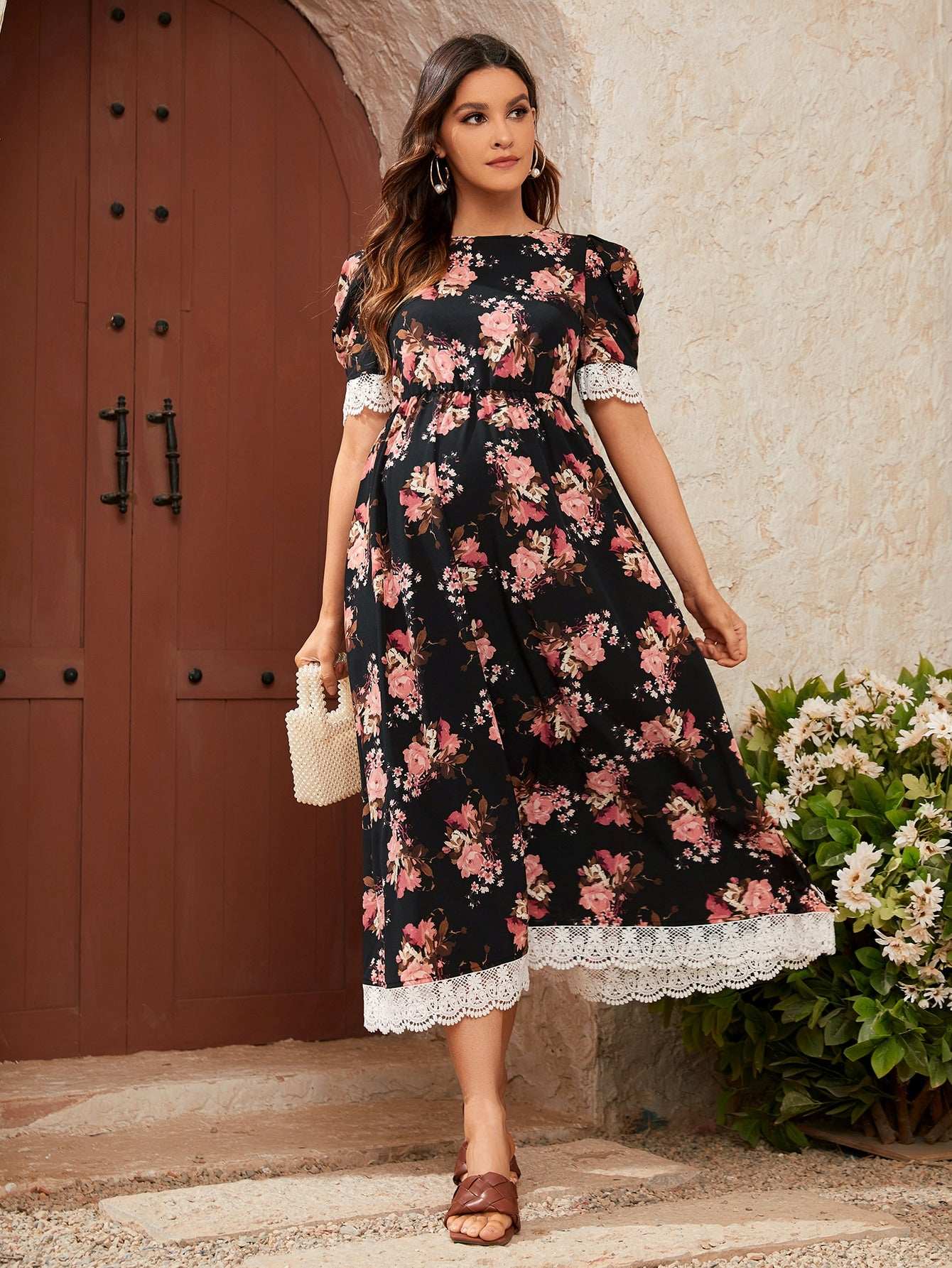 الأمومة بالكامل طباعة الأزهار متباينة جبر الدانتيل فستان منفوخ الأكمام - Pink&blue